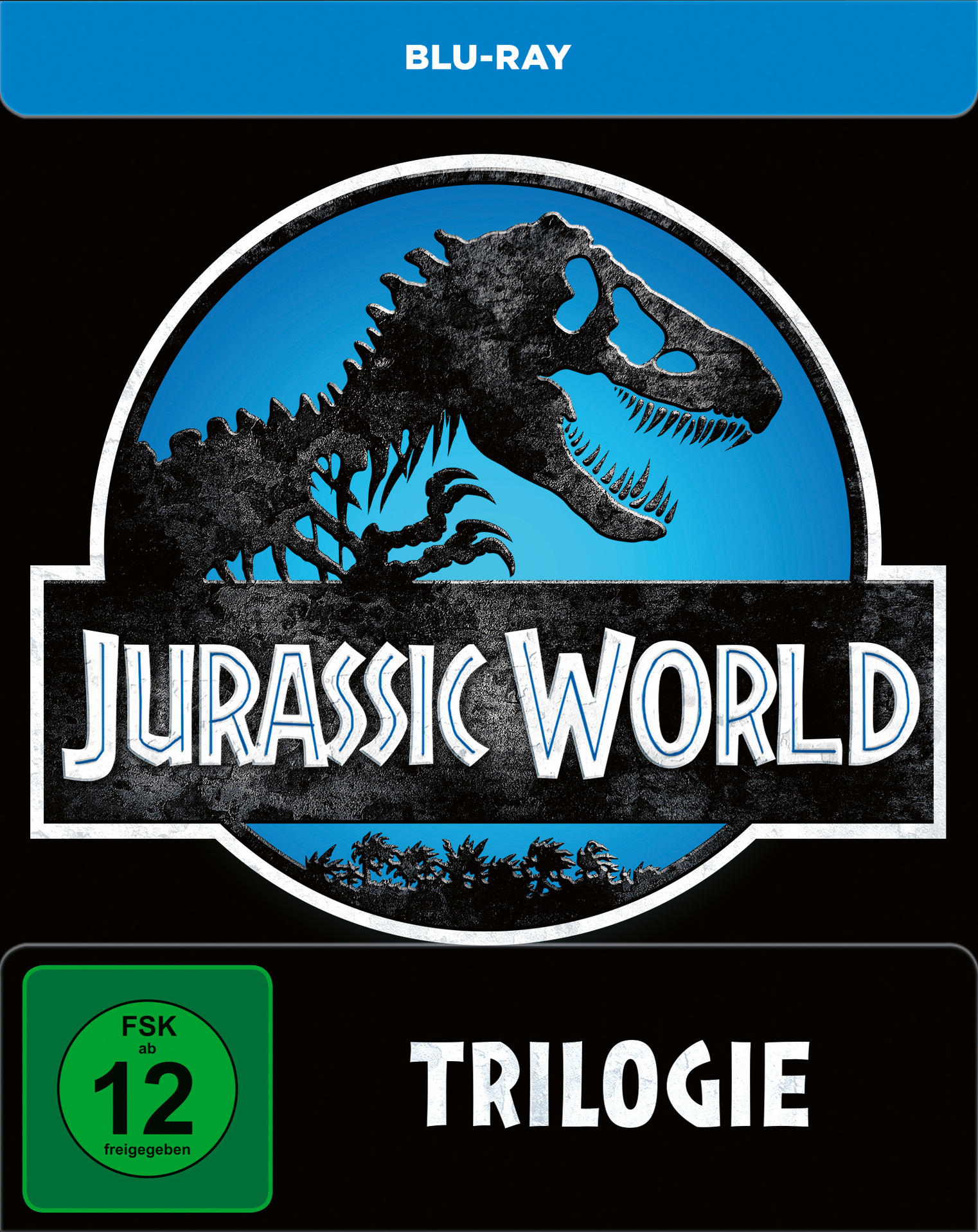 Blu-ray-Cover. Jurassic World Logo, Dinosaurierskelett. Blauer Hintergrund, schwarzer Text.