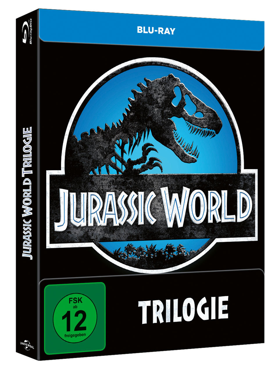 Blu-ray-Box-Set der Jurassic World-Trilogie, schwarzer Hintergrund.
