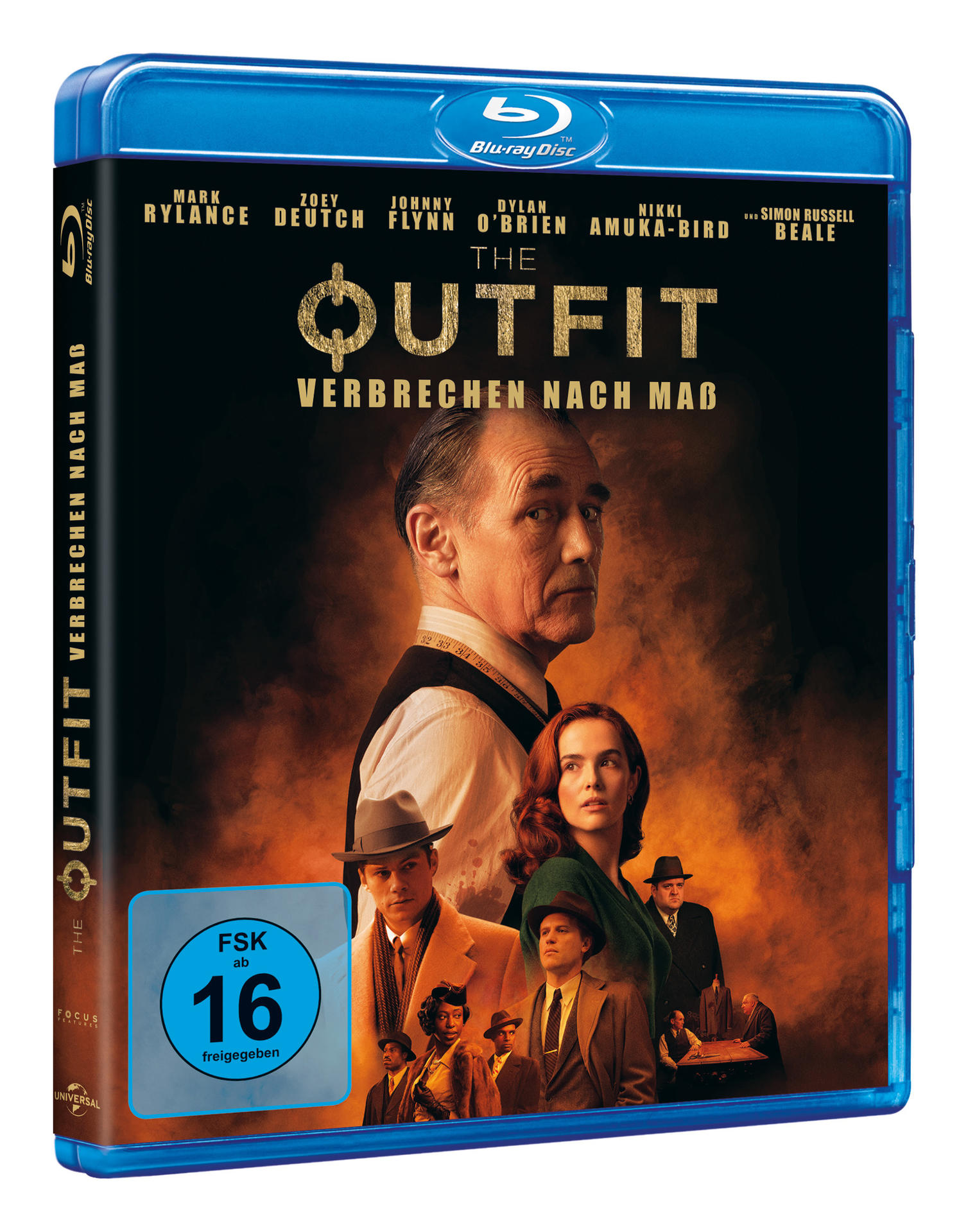 Eine blaue Blu-ray-Hülle mit dem Filmtitel 'The Outfit' und Schauspielern auf dem Cover.