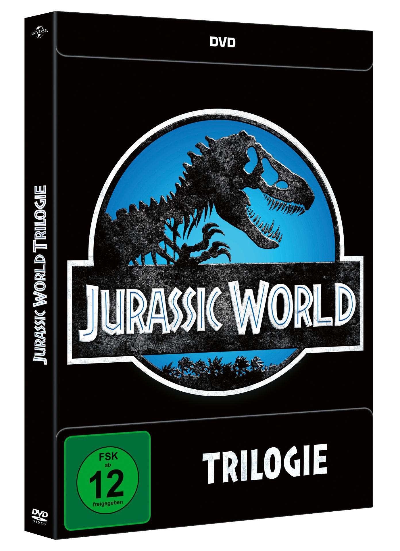 Jurassic World Trilogie DVD-Box-Set, mit einem Dinosaurier und blauem Hintergrund.