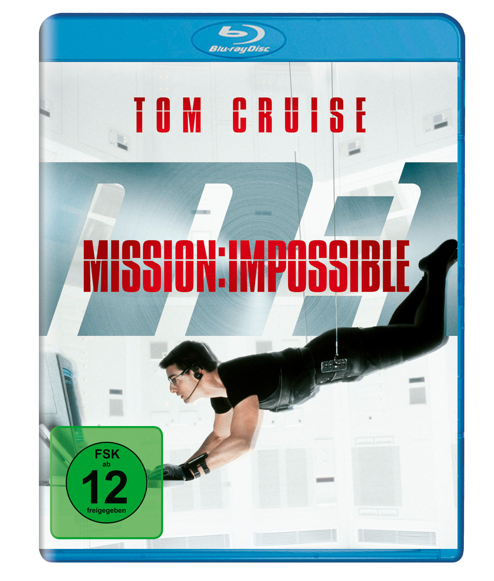 Blu-ray-Cover für Mission: Impossible. Tom Cruise hängt in der Luft. Weißer Hintergrund mit rotem Text.