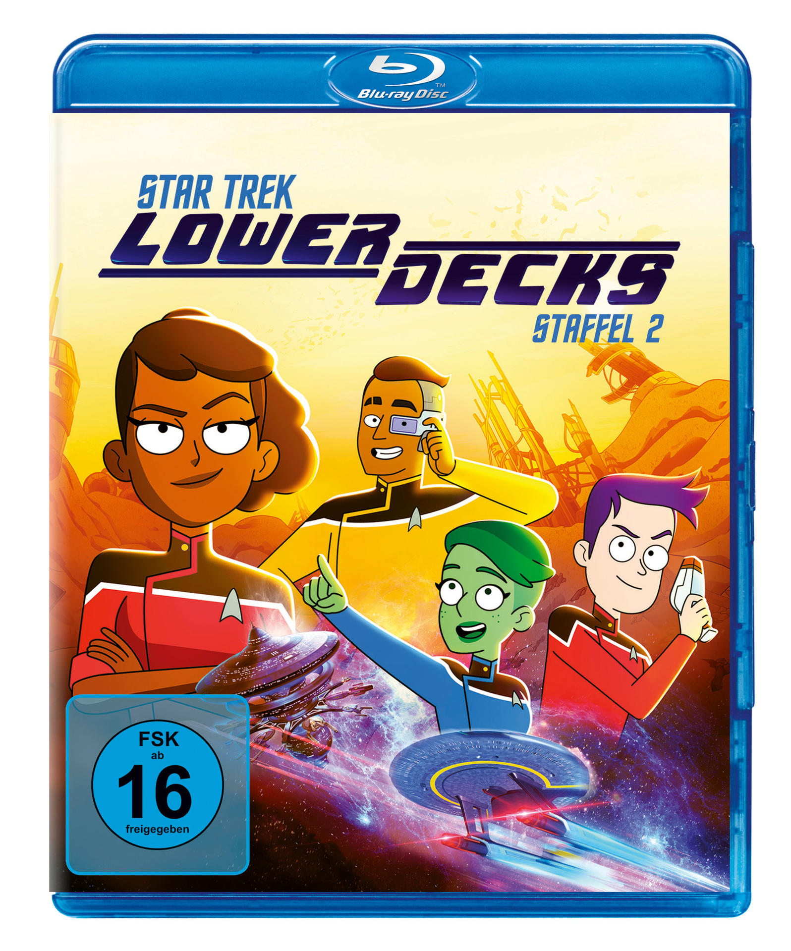 Blu-ray-Cover für Star Trek: Lower Decks. Animierte Charaktere auf gelbem und orangefarbenem Hintergrund.