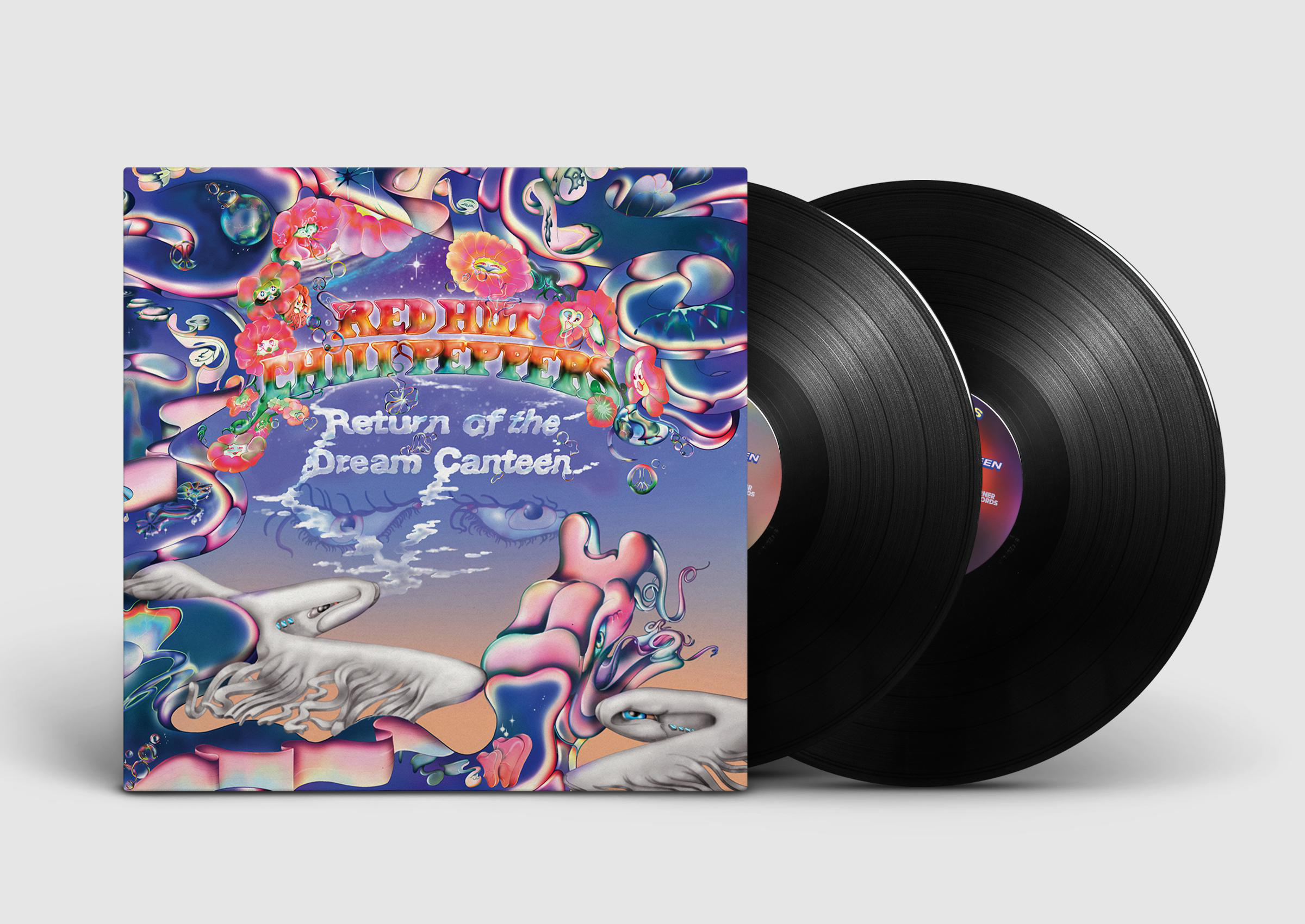 Albumcover und zwei schwarze Vinylplatten von Red Hot Chili Peppers' Return of the Dream Canteen.
