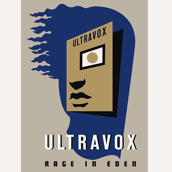 Ultravox: Rage in Eden plakátja. Egy arc sziluettje egy könyvszerű formával.