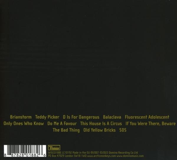 Albumcover. Dunkler Hintergrund mit Text, der Songtitel auflistet: Brianstorm, Teddy Picker und andere. Enthält auch Barcode und Copyright-Informationen.