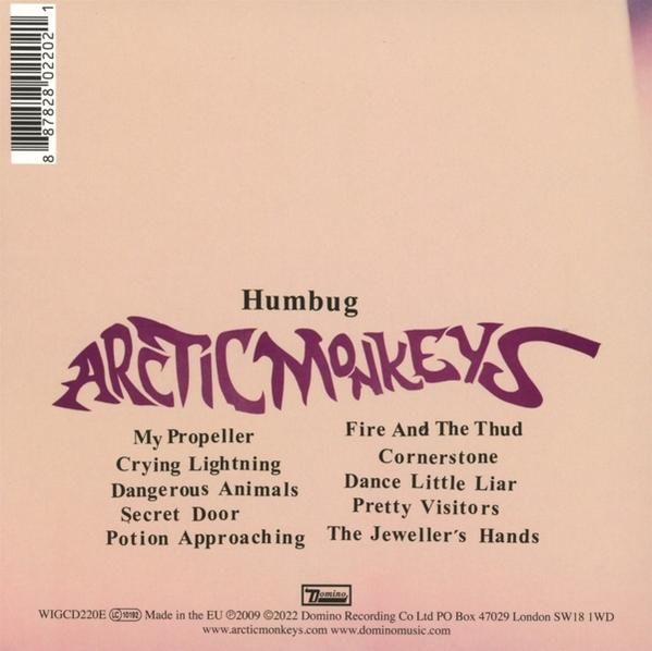 Albumcover: 'Humbug' von Arctic Monkeys. Mit lila Logo, Songtiteln und Barcode. Der Hintergrund ist hellbeige.