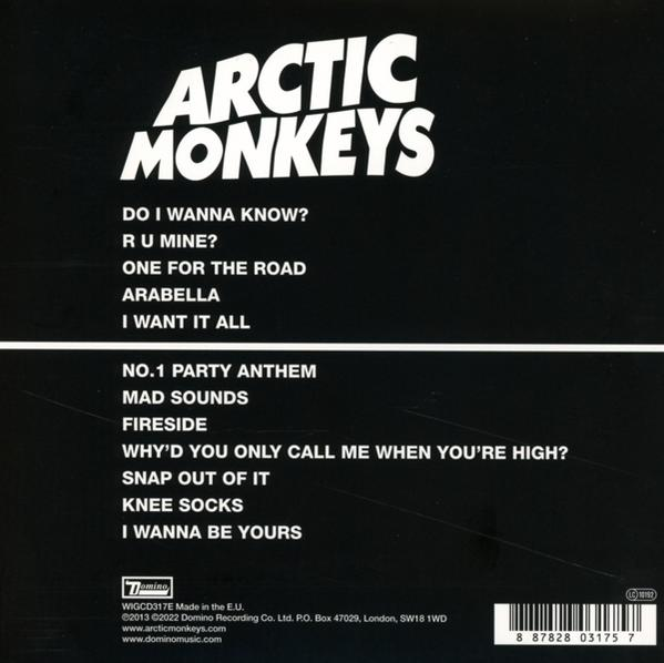 Rückseite des Arctic Monkeys Albums, mit Titelliste und Albuminformationen.
