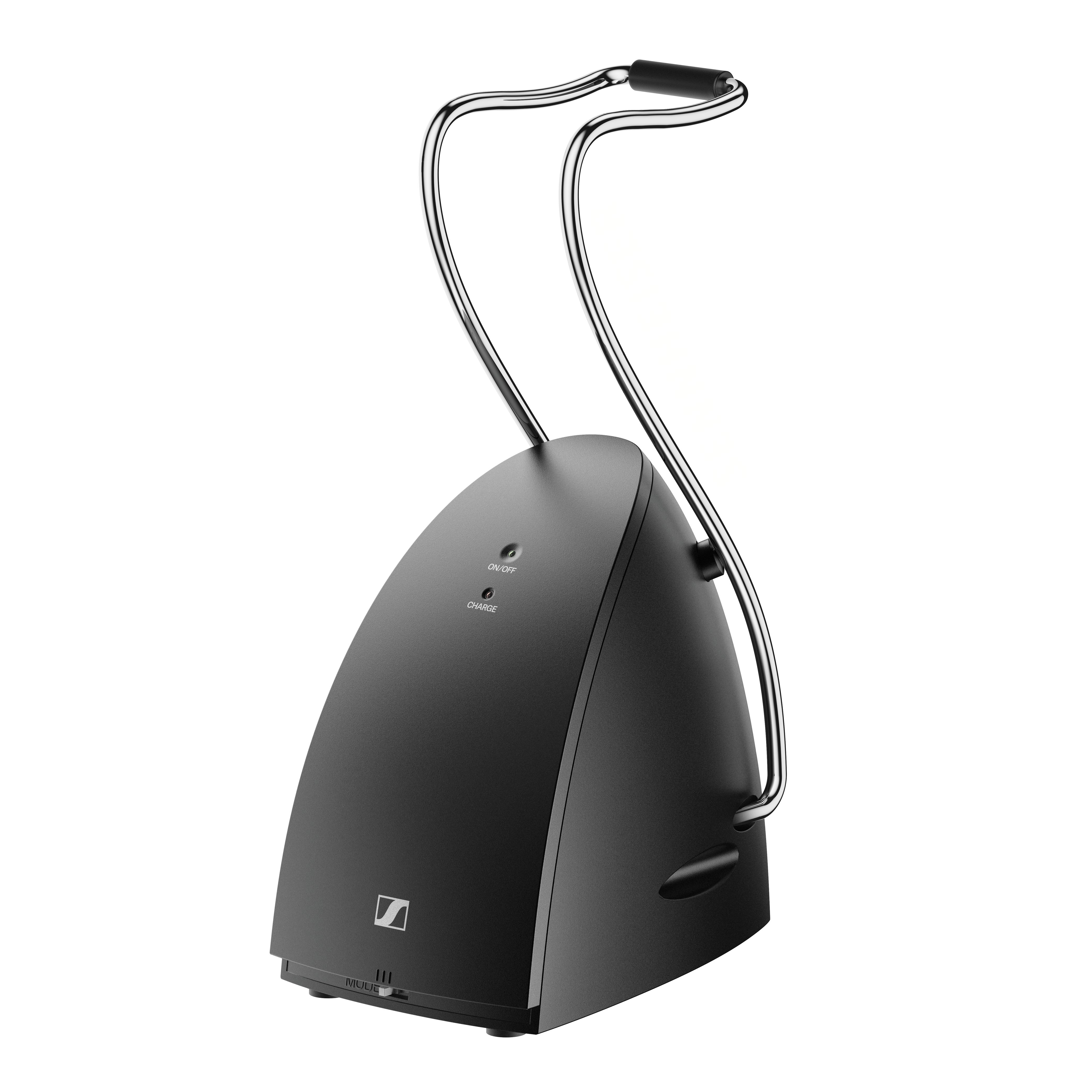 Schwarze Sennheiser Ladestation mit gebogenem silbernen Griff, auf weißem Hintergrund. Beschriftung ON/OFF und CHARGE.