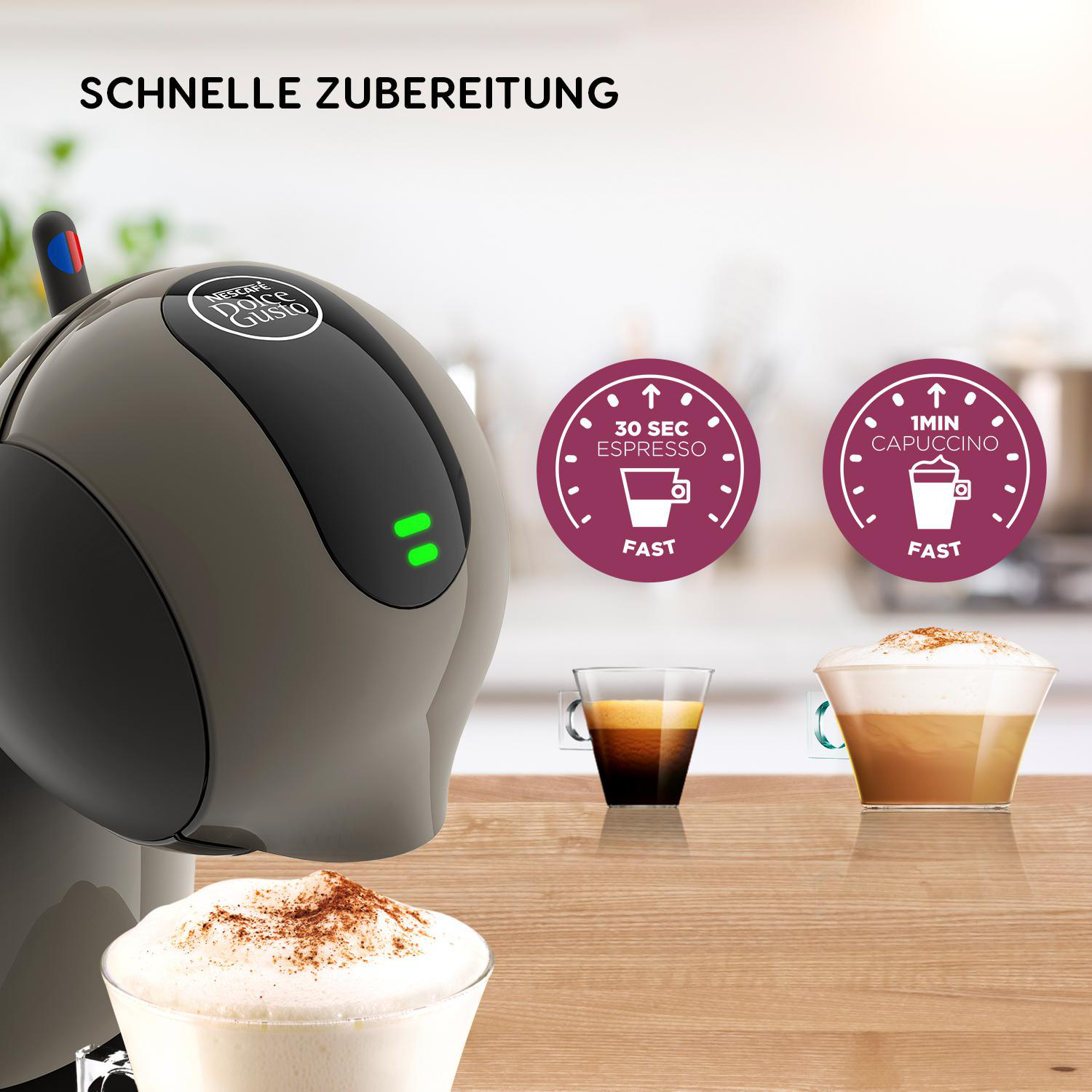 Eine Kaffeemaschine, die Espresso und Cappuccino zubereitet, mit Text zur Zeitangabe.