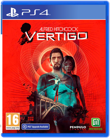 PS4 gamecover: 'Alfred Hitchcock Vertigo'. Een man en een vrouw staan voor een rode spiraal achtergrond.