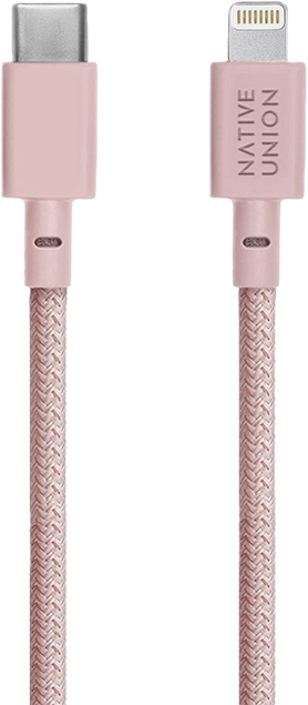Ein pinkfarbenes USB-C-auf-Lightning-Kabel. Das USB-C-Ende und das Lightning-Ende sind sichtbar, mit geflochtenem Kabel.