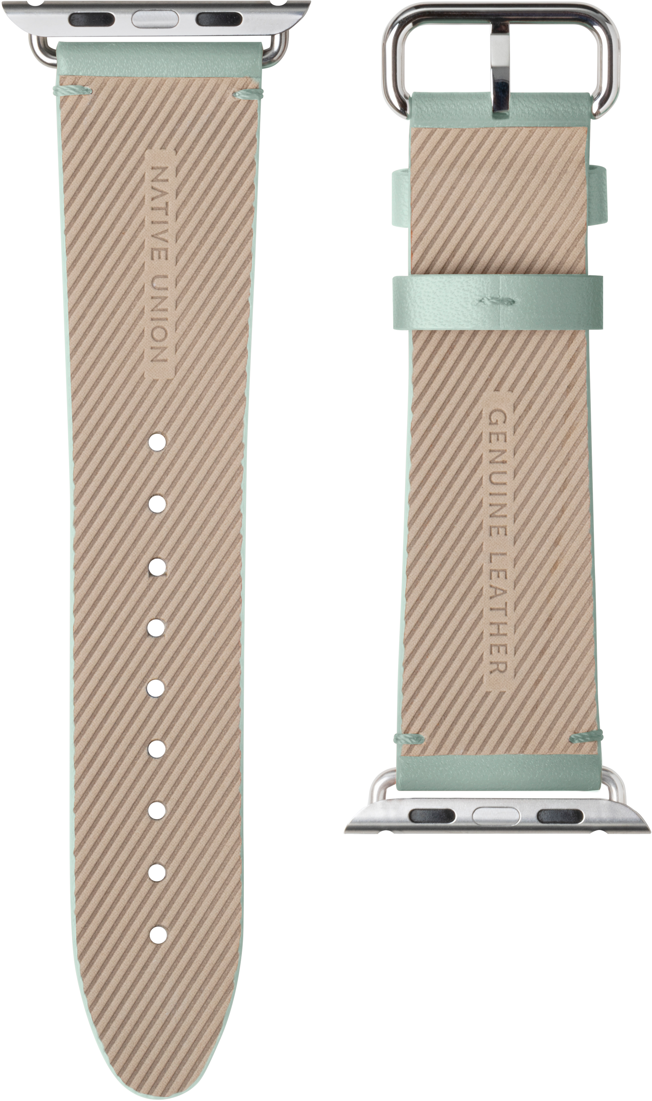 Ein mintgrünes Leder-Uhrenarmband. Es hat ein gestreiftes Design auf der Rückseite.