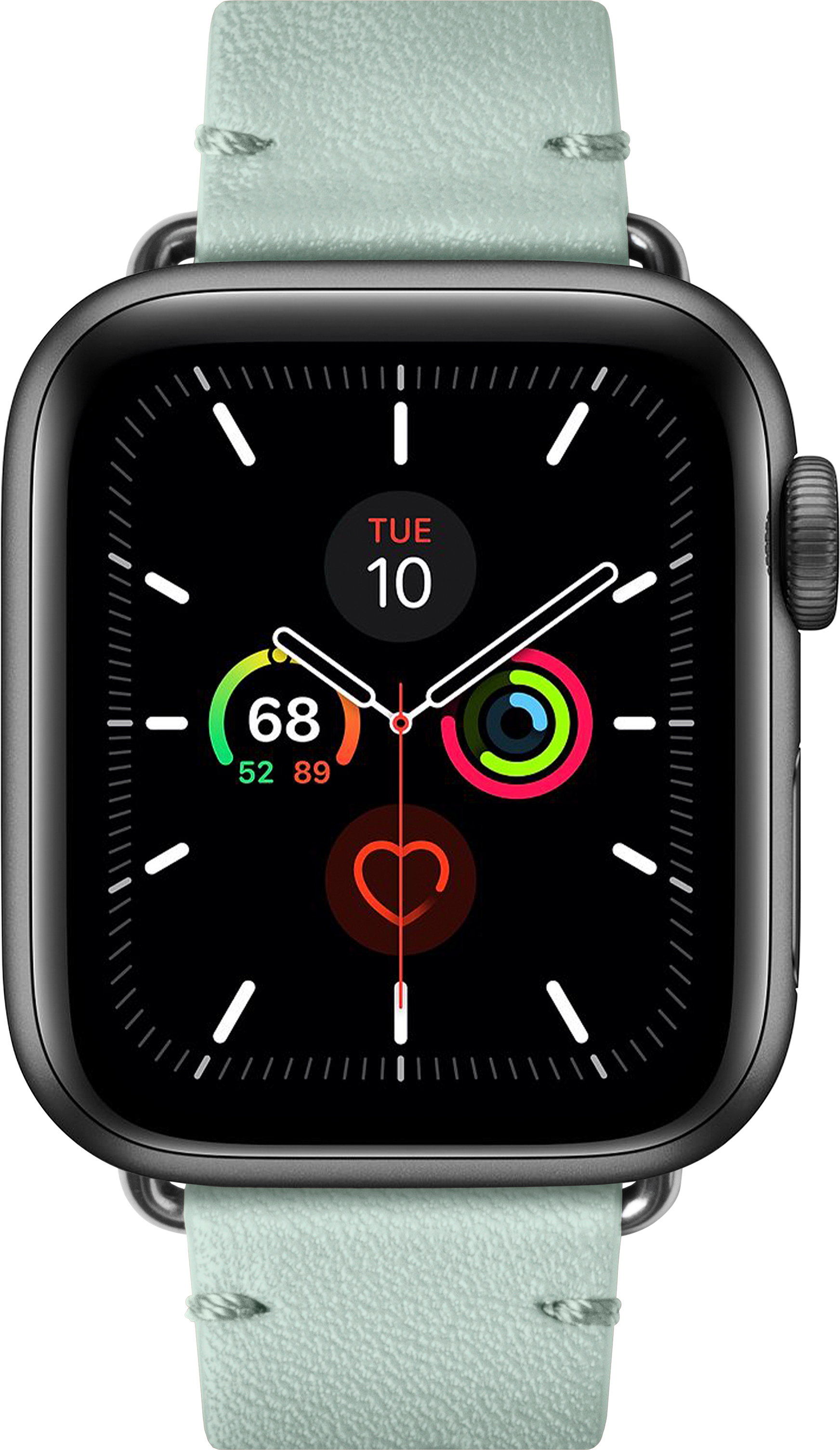 Nahaufnahme einer Smartwatch mit schwarzem Bildschirm. Die Uhr zeigt Zeit, Herzfrequenz und mehr.