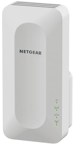 Appareil Netgear blanc avec voyants lumineux, conçu pour montage mural. L'appareil est rectangulaire.