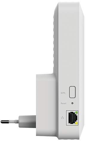 Répéteur blanc avec prise, WPS, réinitialisation et port Ethernet.