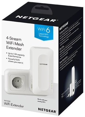 Boîte blanche et noire avec un répéteur Wi-Fi et le logo Netgear.