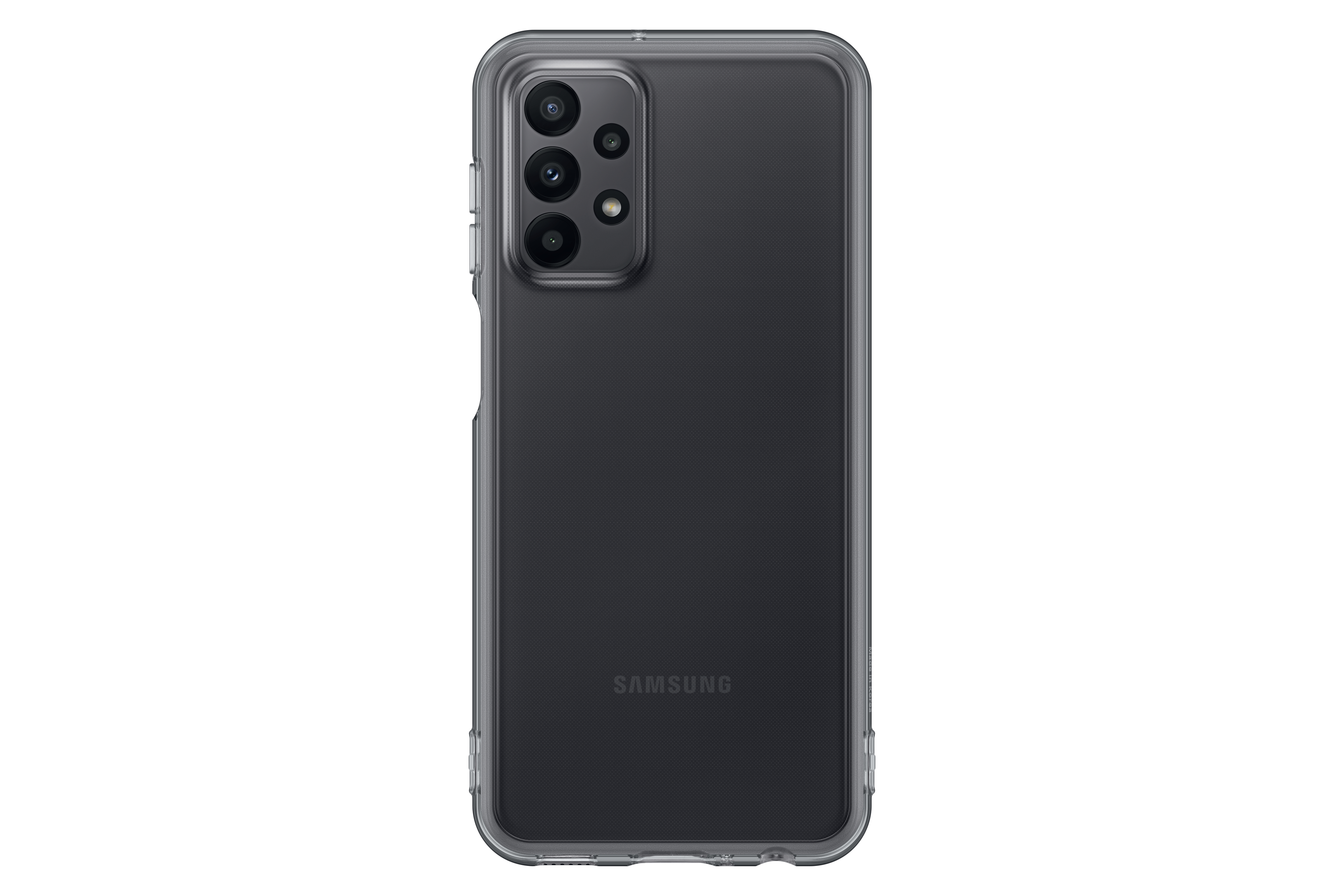Schwarzes Samsung-Telefon in einer transparenten Hülle. Die Rückseite hat Kameras. Das Samsung-Logo ist sichtbar.