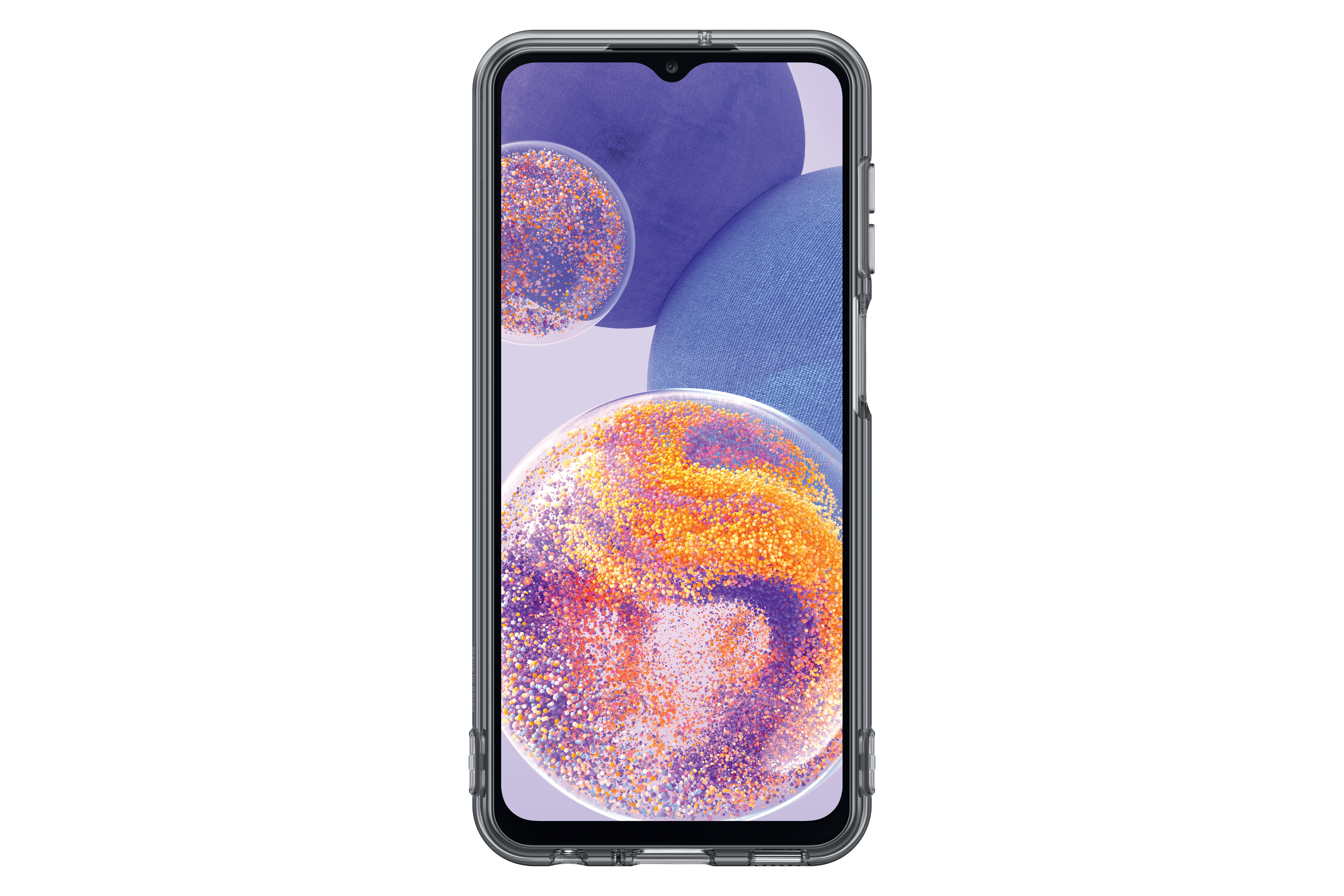 Ein Telefon in einer transparenten Schutzhülle. Der Bildschirm zeigt ein abstraktes Bild.
