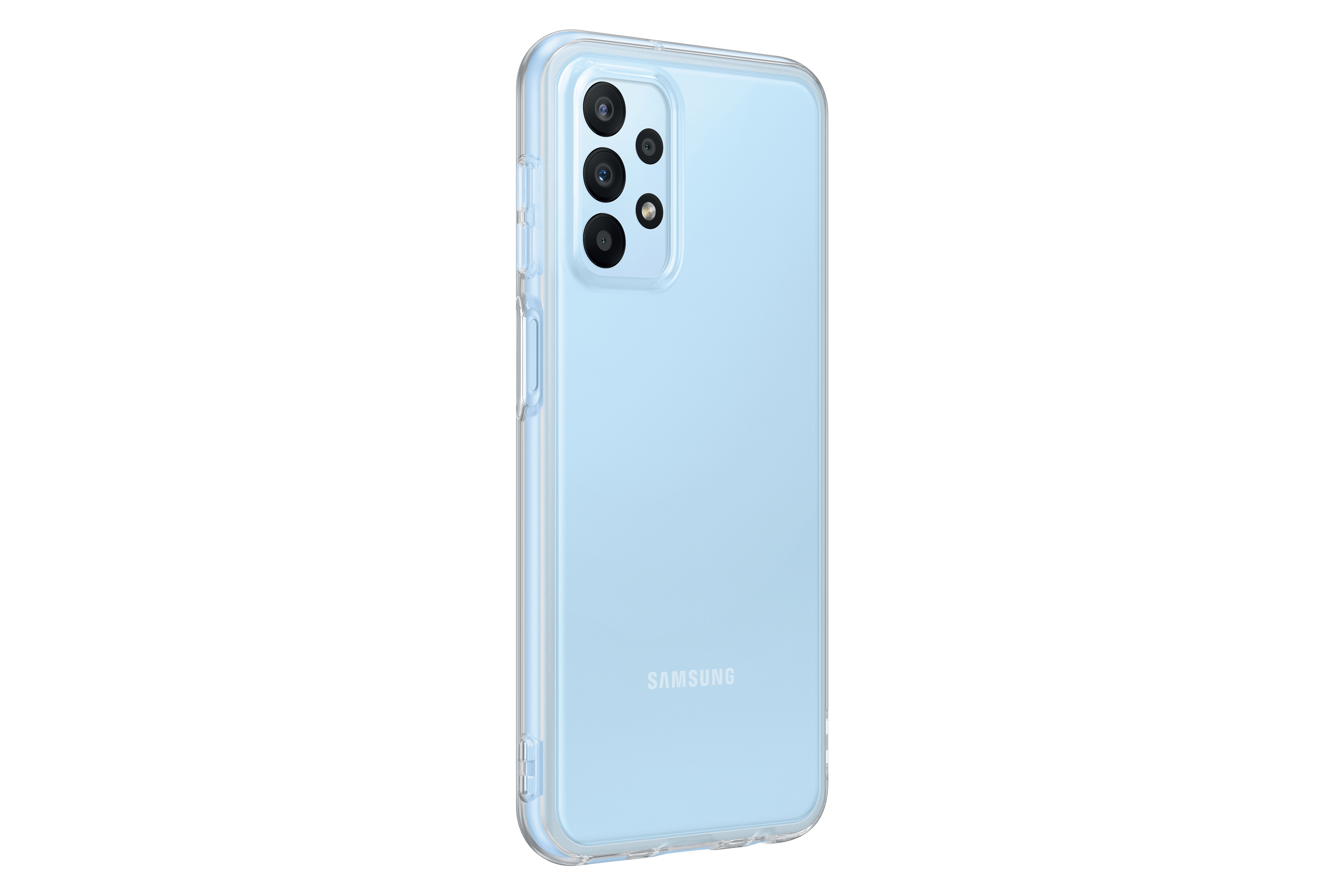 Ein blaues Telefon in einer durchsichtigen Hülle. Dreifachkamera sichtbar. Der Hintergrund ist weiß.