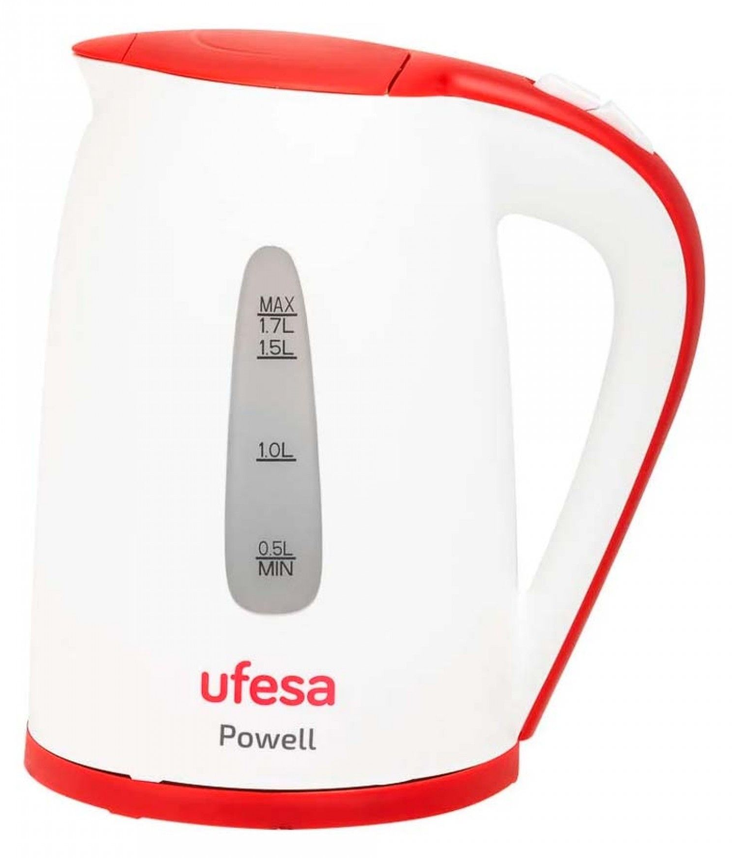 Fehér elektromos vízforraló piros díszítéssel, ablak a vízszint jelzéséhez, és az Ufesa márkanév.