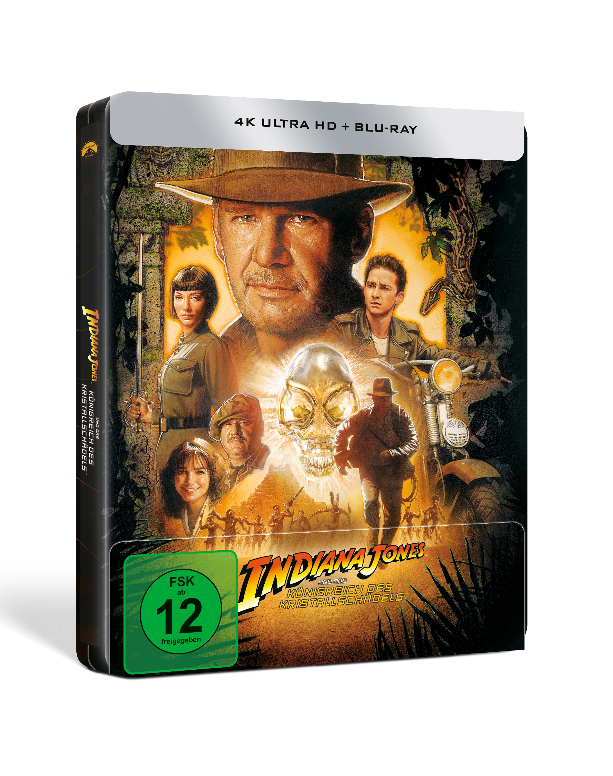 Indiana Jones Film Blu-Ray Cover. Harrison Ford und andere Schauspieler sind auf dem Cover.