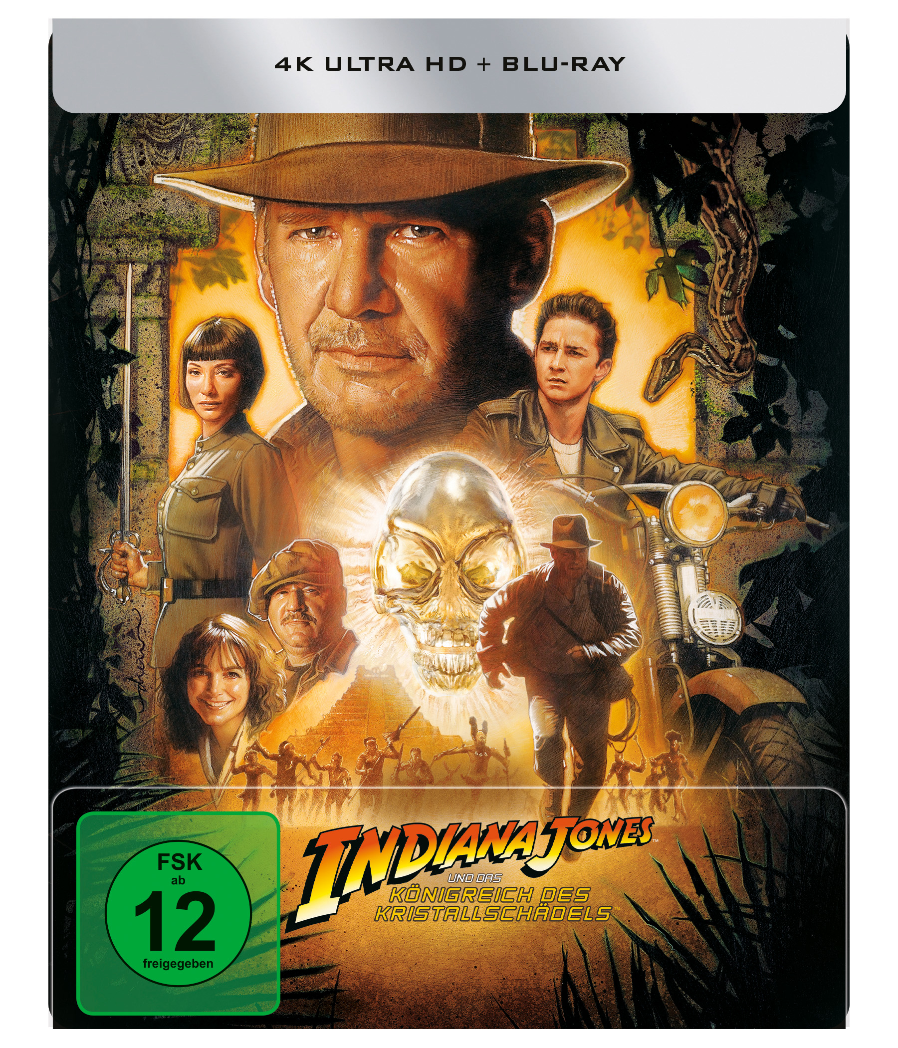 Indiana Jones Filmcover mit Harrison Ford und Shia LaBeouf, grünes FSK-Logo.