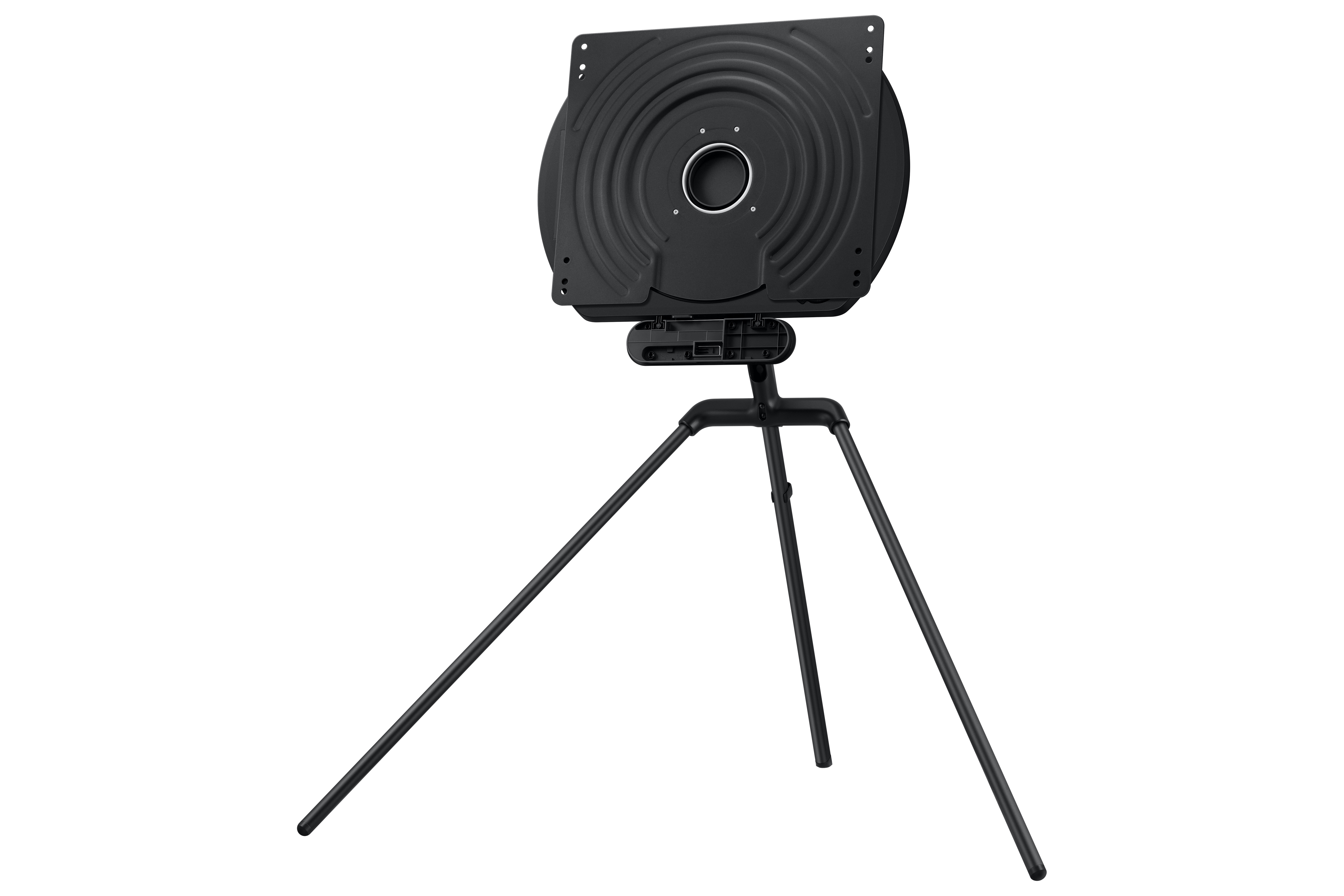 Soporte de TV negro con base giratoria circular, sobre fondo blanco. Tiene tres patas.