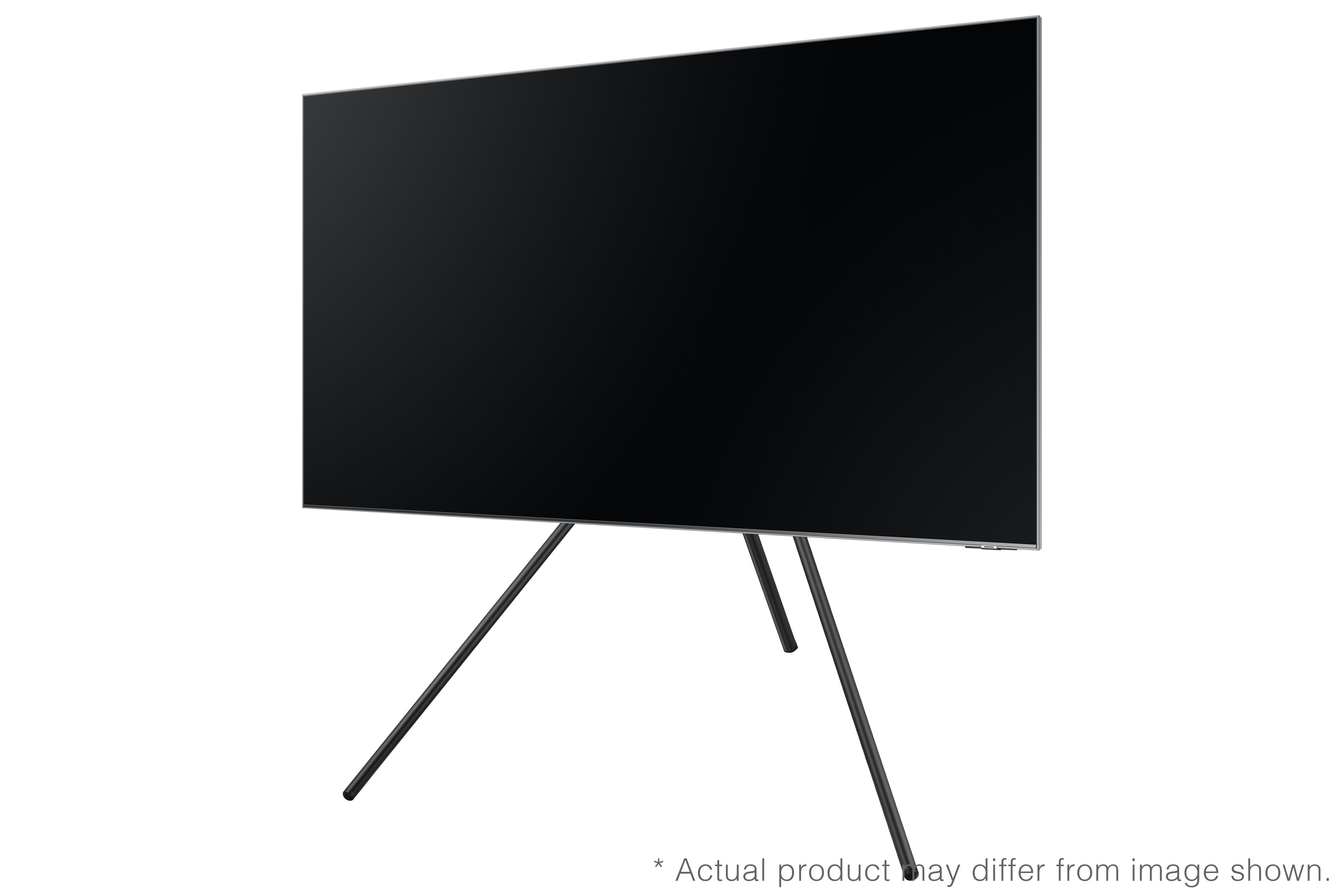 Televisor negro sobre trípode negro, vista en ángulo. El televisor está apagado.