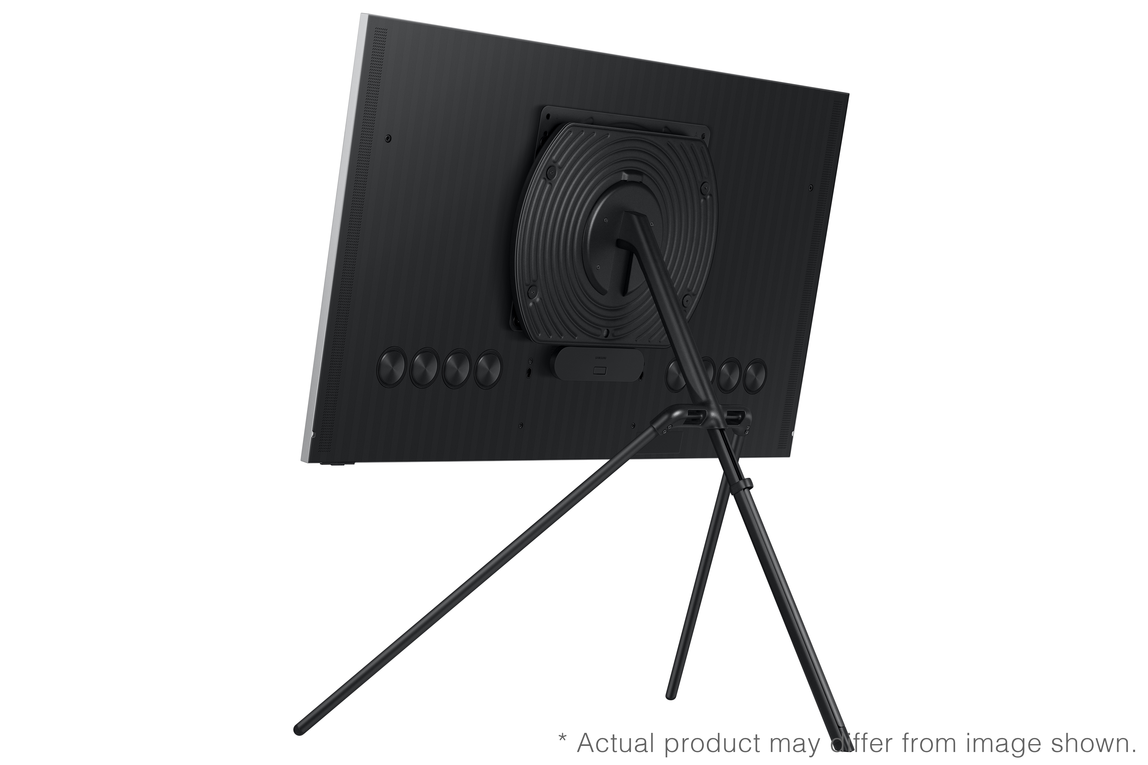 Televisor negro sobre un trípode. Se ve la parte trasera del televisor.