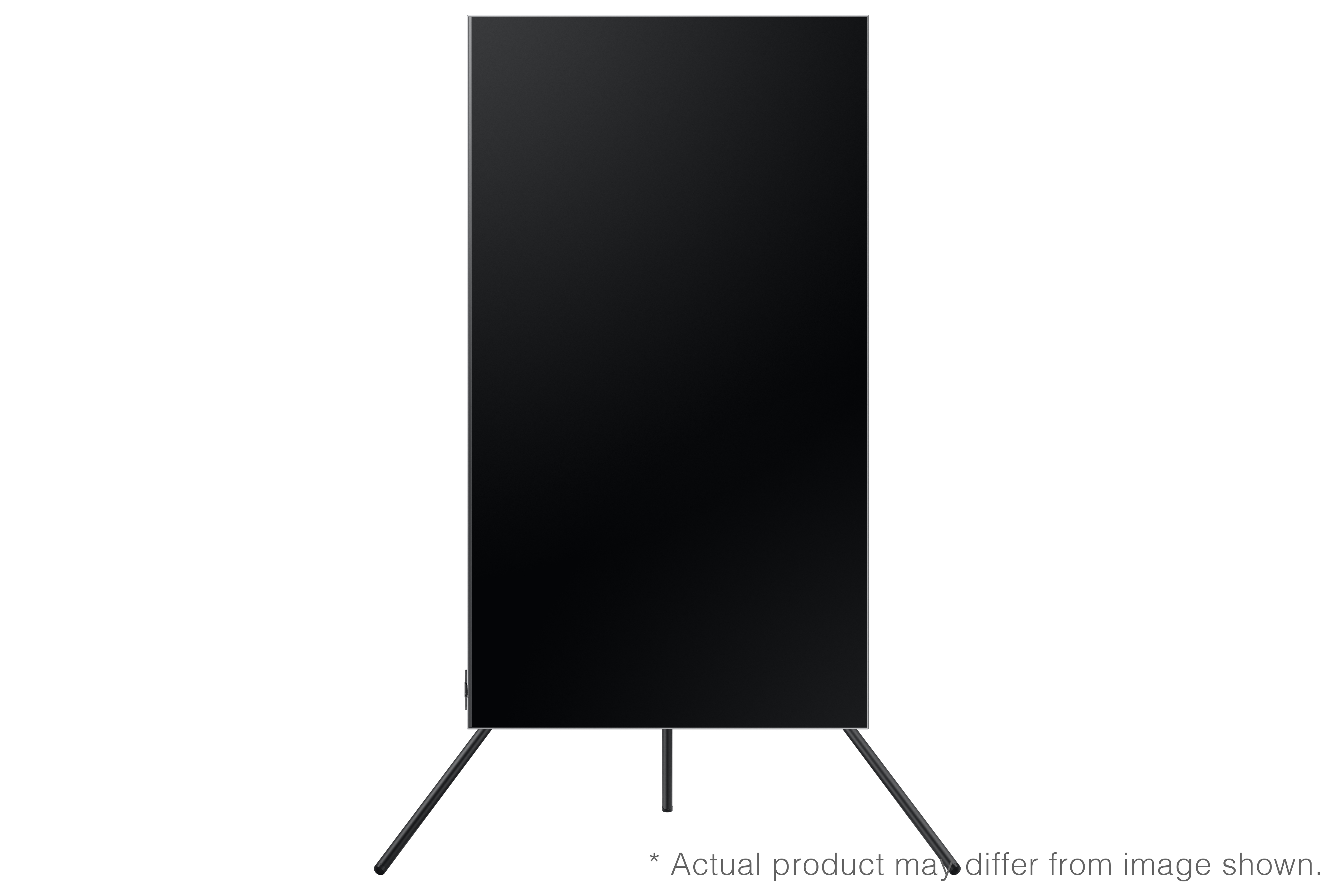 Un televisor negro sobre un soporte con tres patas. Un borde blanco alrededor de la pantalla.