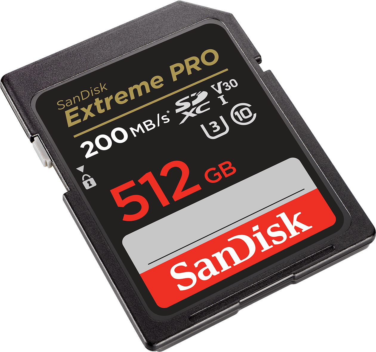 Carte SD SanDisk Extreme PRO noire et rouge, étiquetée avec capacité de données, vitesse et marque.