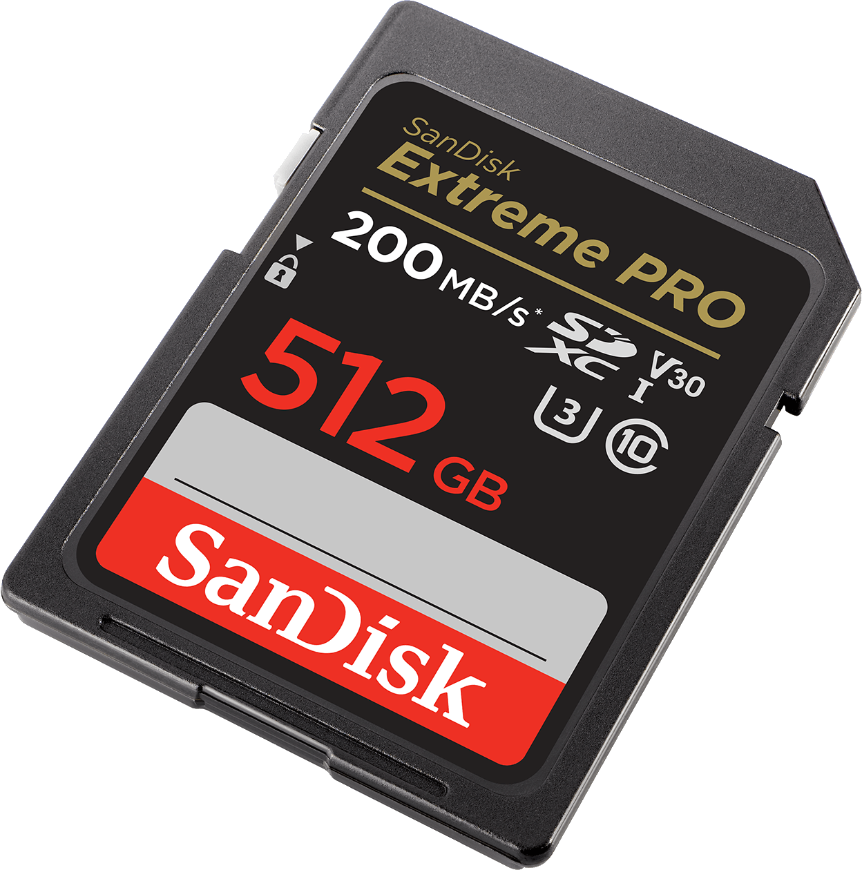 Carte SD SanDisk Extreme PRO, noire avec texte rouge et blanc, 512 Go, SDXC.