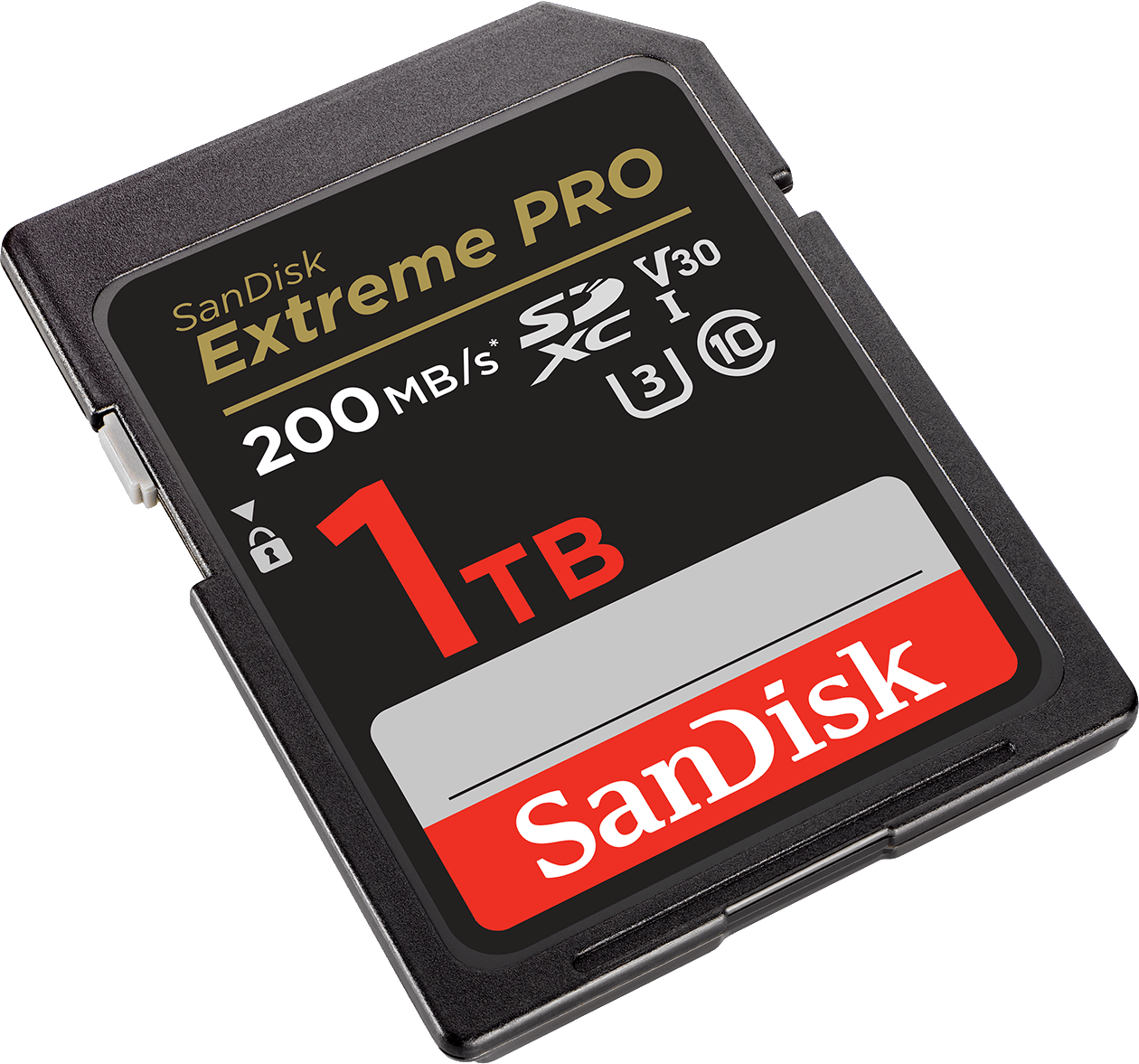 Carte SD noire avec étiquette rouge et texte blanc. Il est écrit Extreme Pro, 1TB.