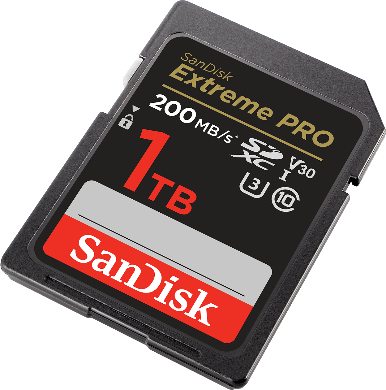Carte SD SanDisk Extreme PRO 1To noire et rouge avec détails.