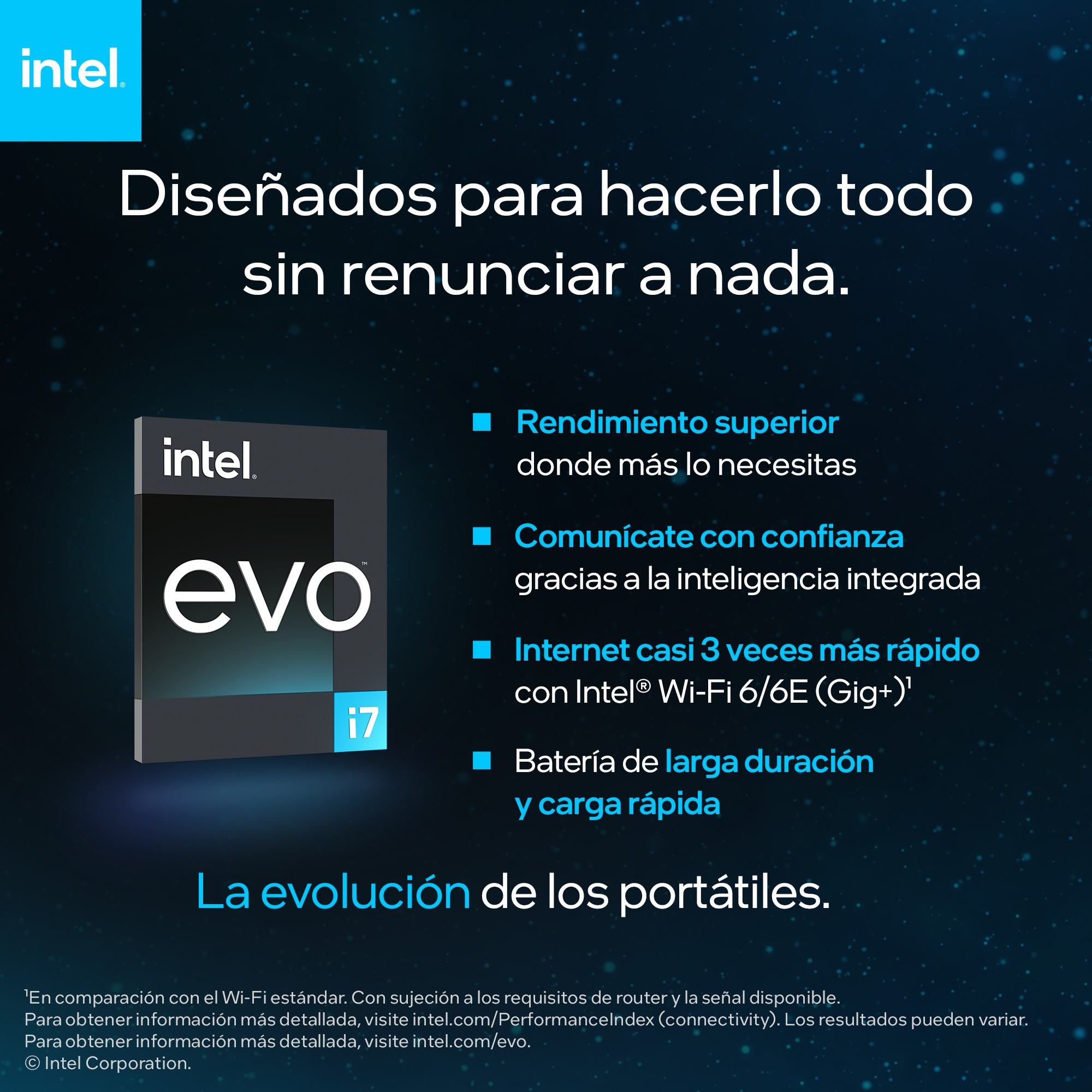 Gráfico promocional de Intel EVO con producto y texto. El gráfico está sobre un fondo azul.