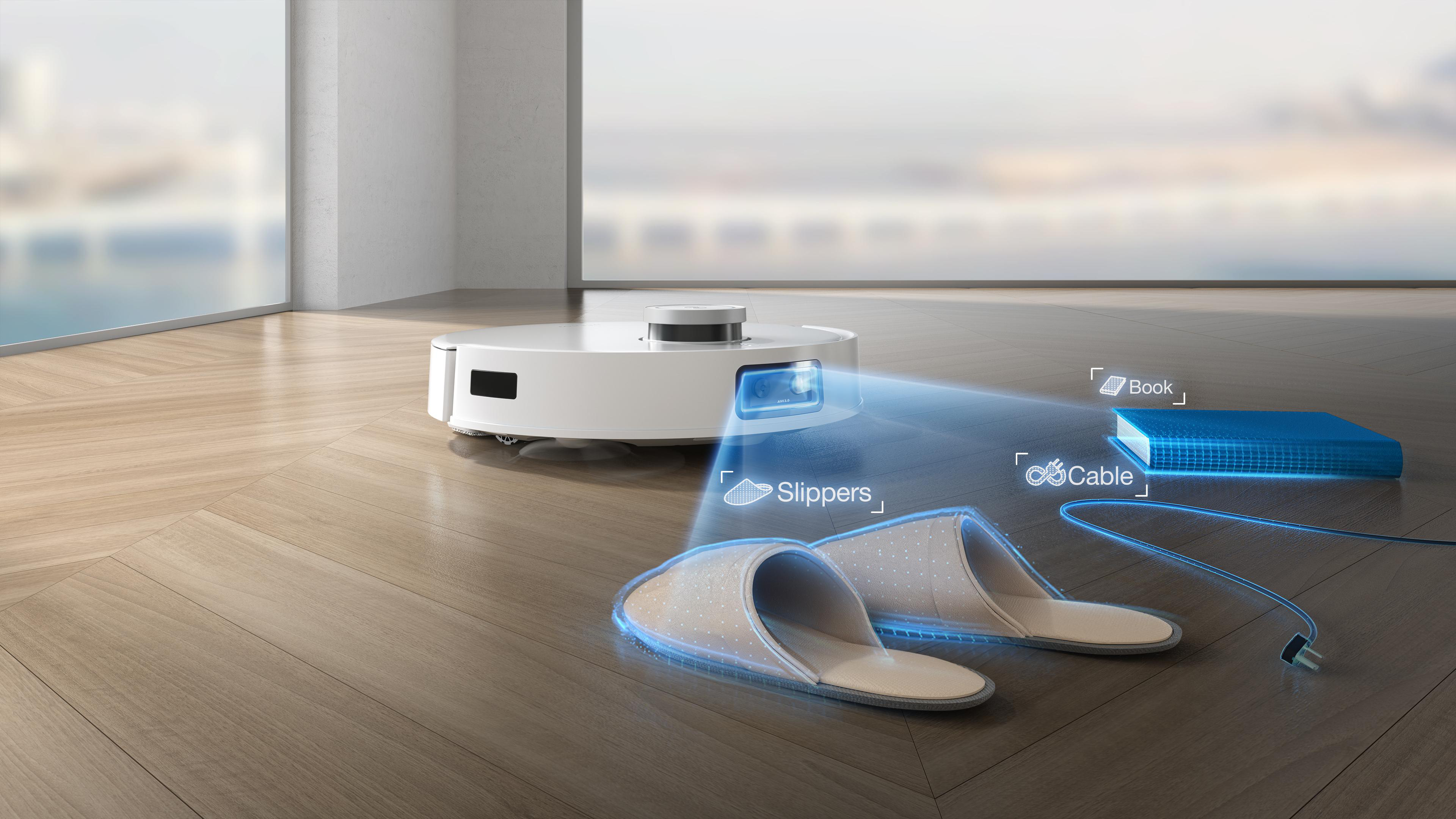 Ein weißer Roboter-Staubsauger, umgeben von digitalen Umrissen von Objekten.