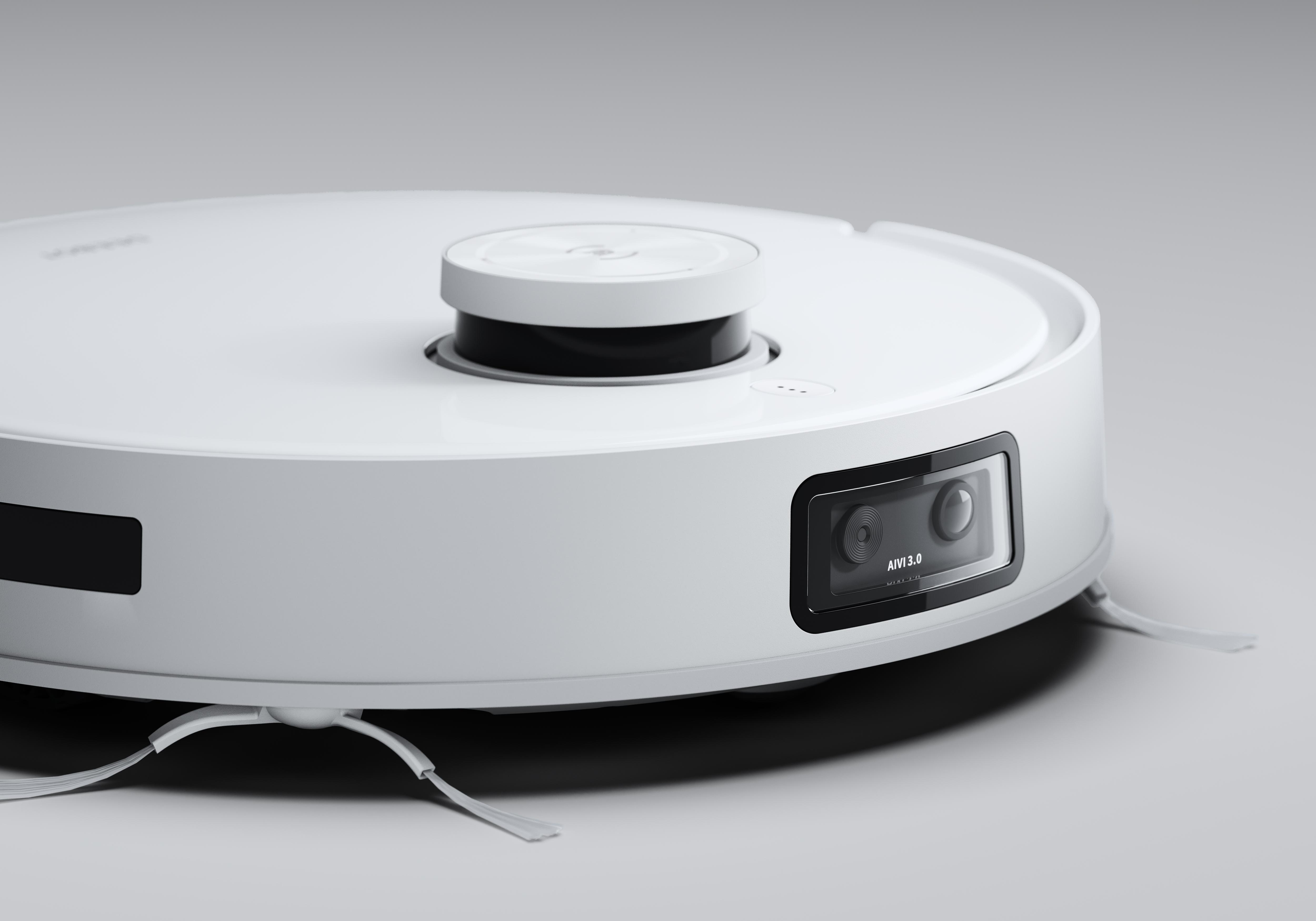 Weißer Roboter-Staubsauger, Nahaufnahme der Frontplatte.