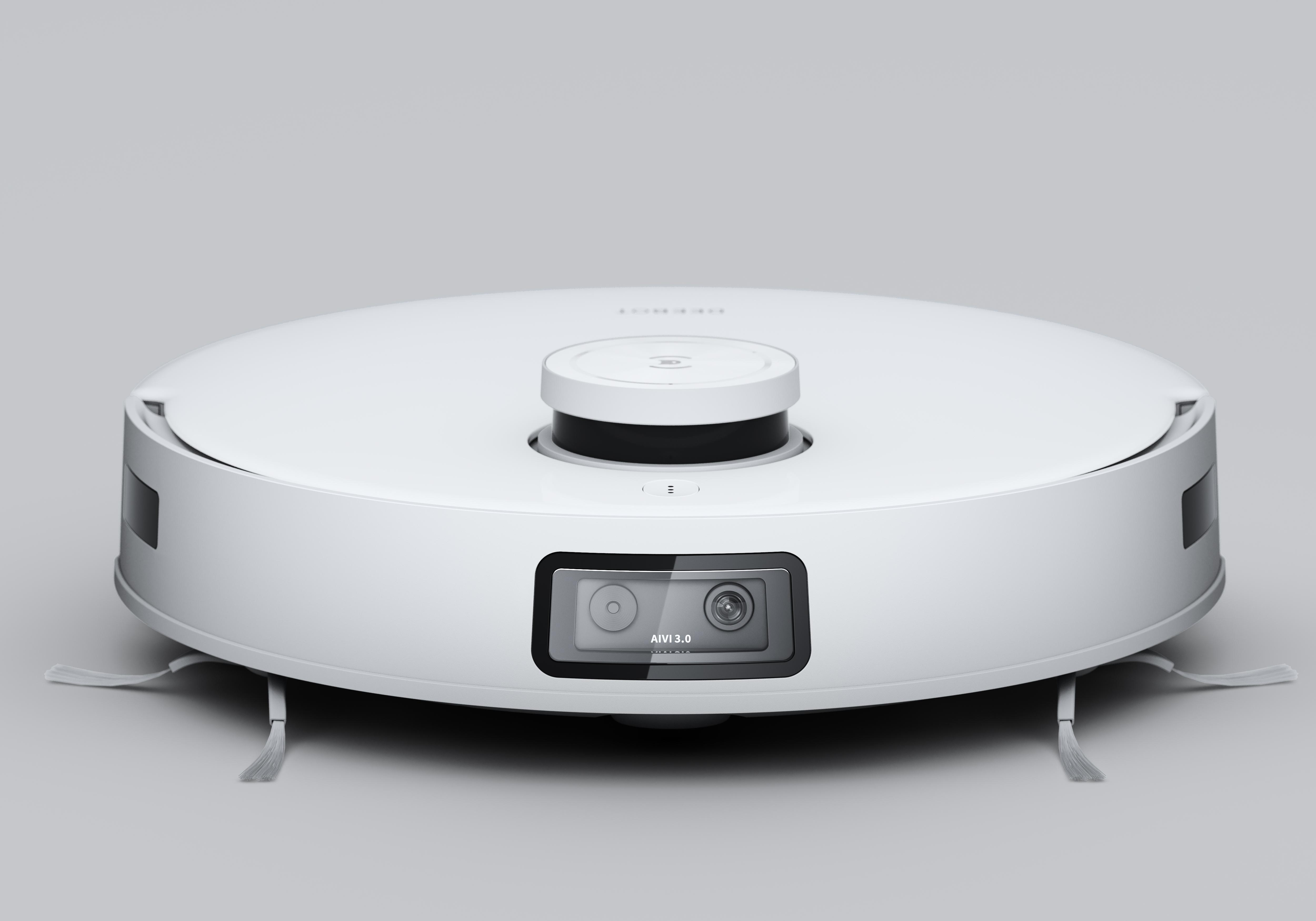 Weißer Roboter-Staubsauger mit Kamera und Sensor. Sauberes, modernes Design, Frontansicht.
