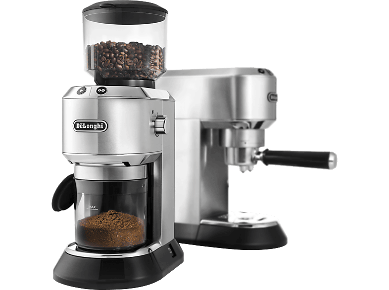 DELONGHI Dedica Style ECKG 6821.M - Barista Bundle aus Espresso Siebträger und Kaffeemühle 18 Mahlgrade, Espressomaschine Silber