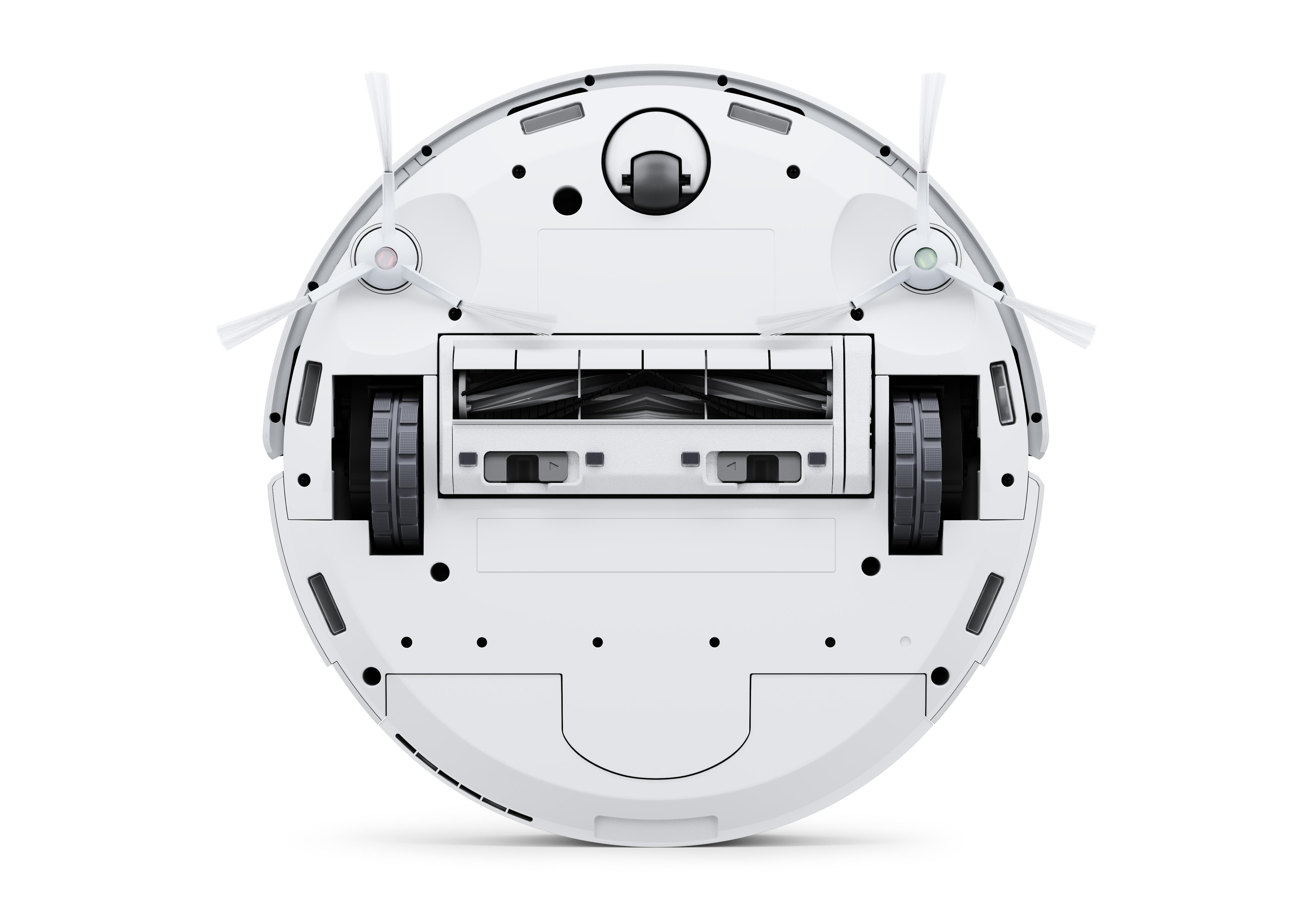 Unteransicht eines weißen Roboter-Staubsaugers mit rotierenden Bürsten und Rädern.