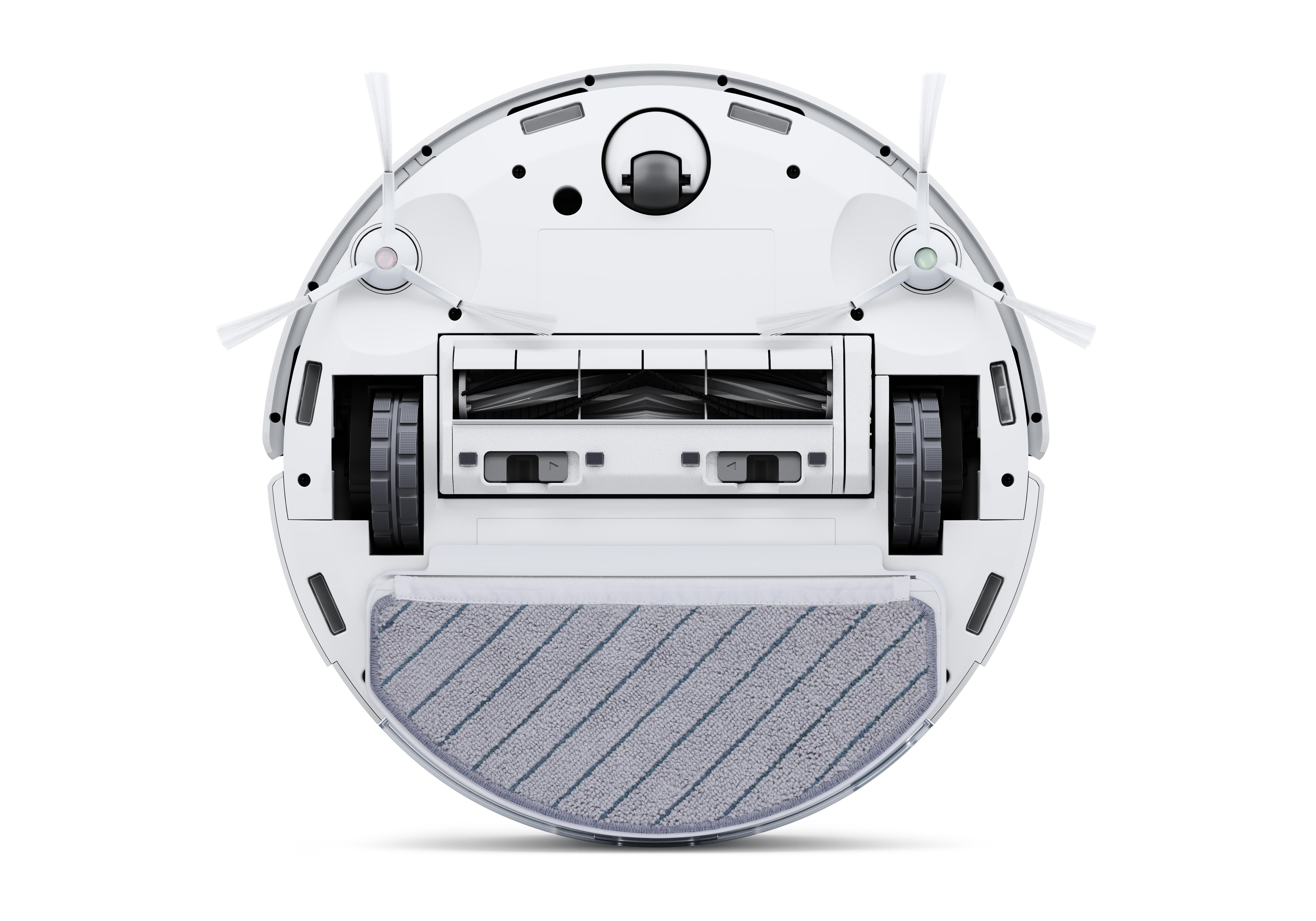 Roboter-Staubsauger von unten. Er hat Räder, Bürsten und ein Reinigungspad. Weißer Hintergrund.