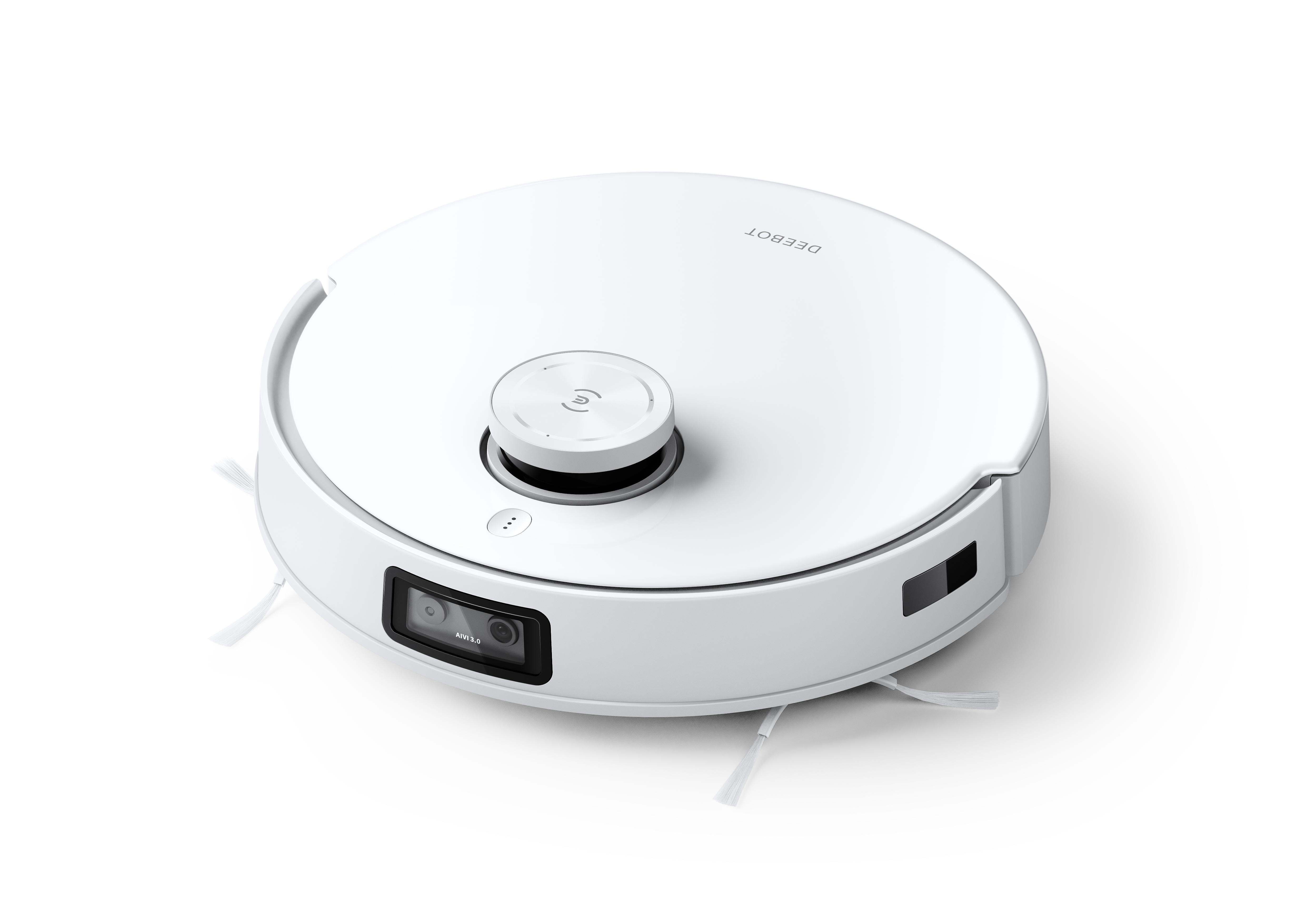 Weißer, runder Roboter-Staubsauger mit einem oberen Sensor und Bürsten.