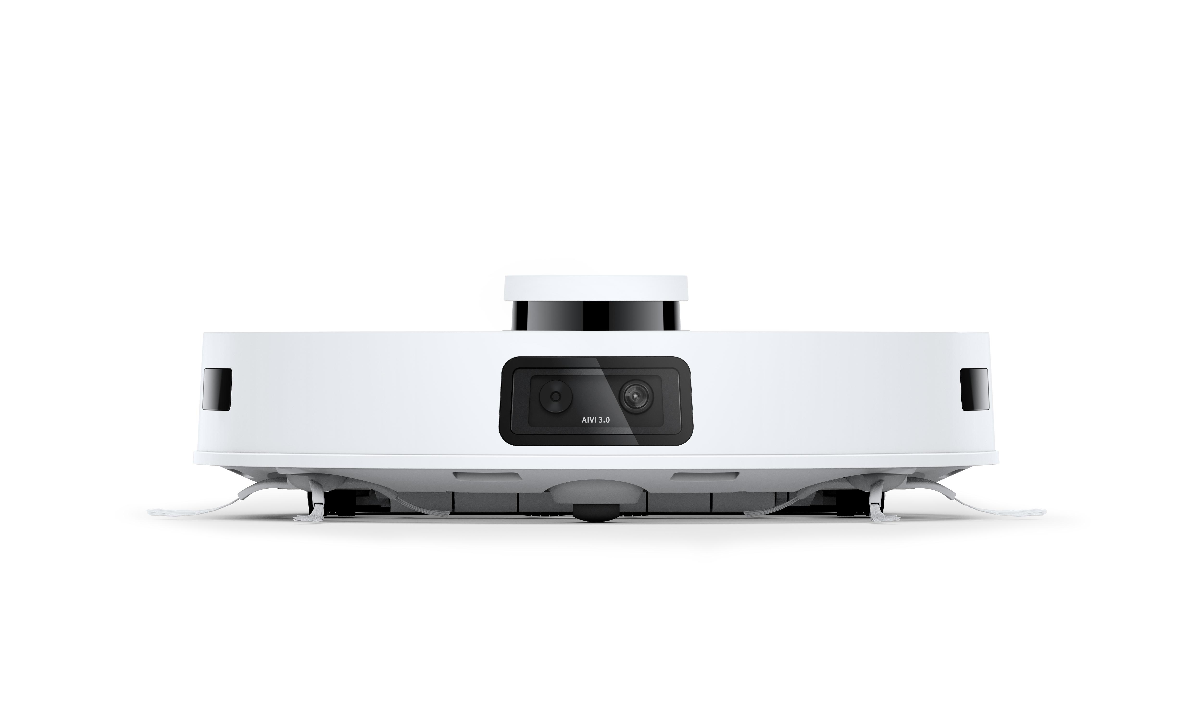 Weißer Roboter-Staubsauger. Rund mit schwarzer Kamera und Sensoren. Sauberer, weißer Hintergrund.