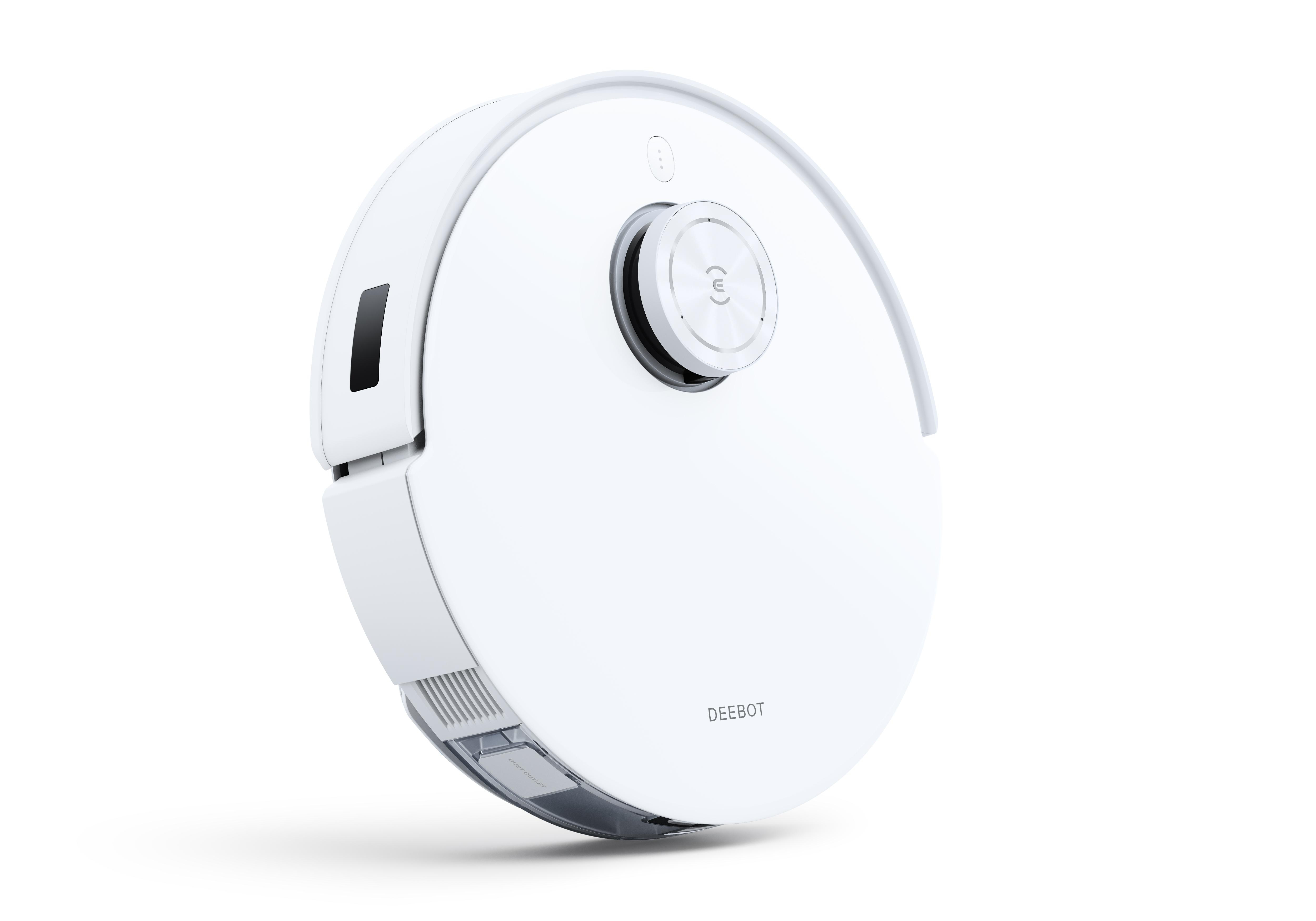 Ein weißer DEEBOT-Roboterstaubsauger, der die Ober- und Seite zeigt. Er ist auf Weiß isoliert.