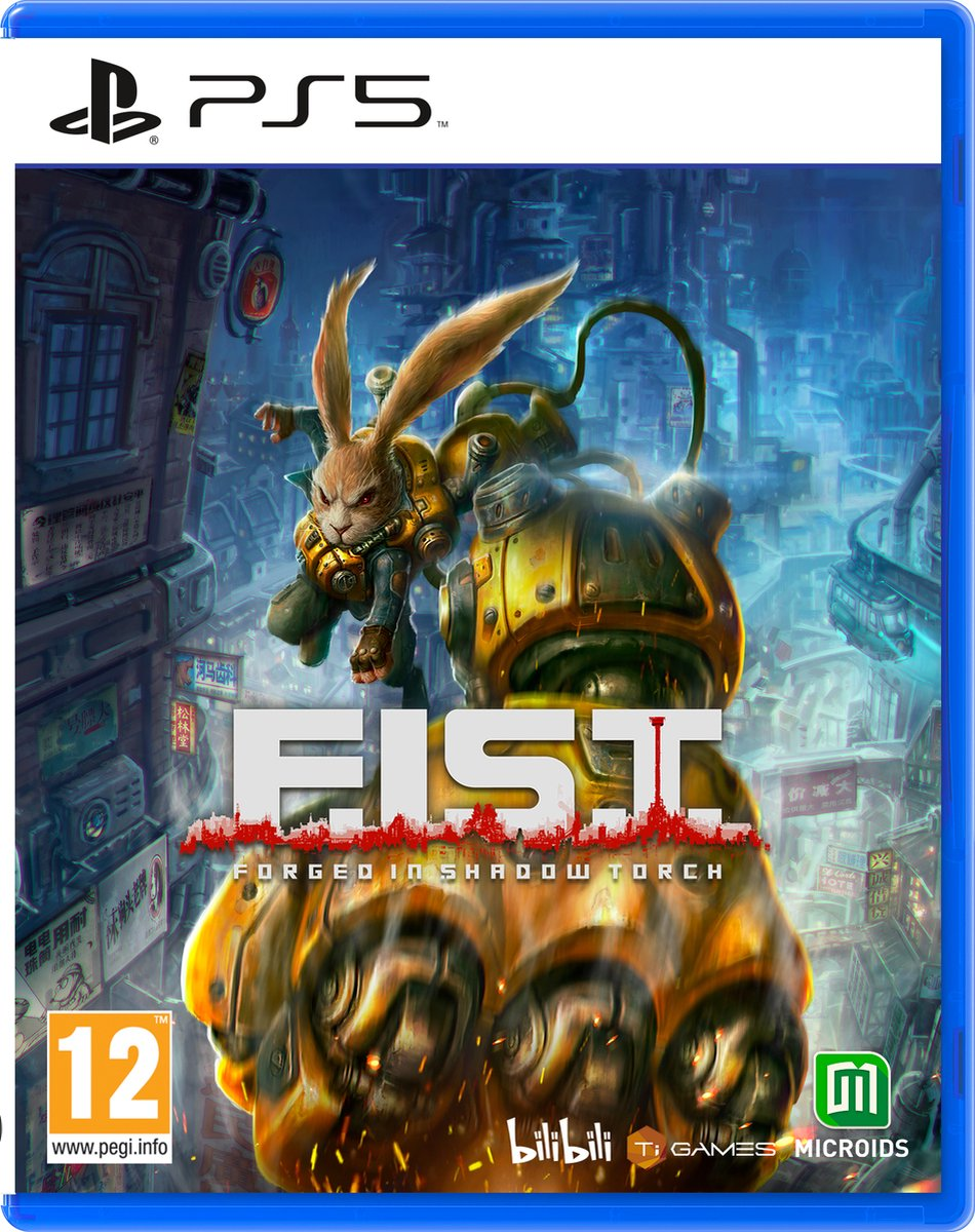 FIST: Forged in Shadow Torch gamecover. Een konijn-personage in een mech-pak, met een grote vuist.