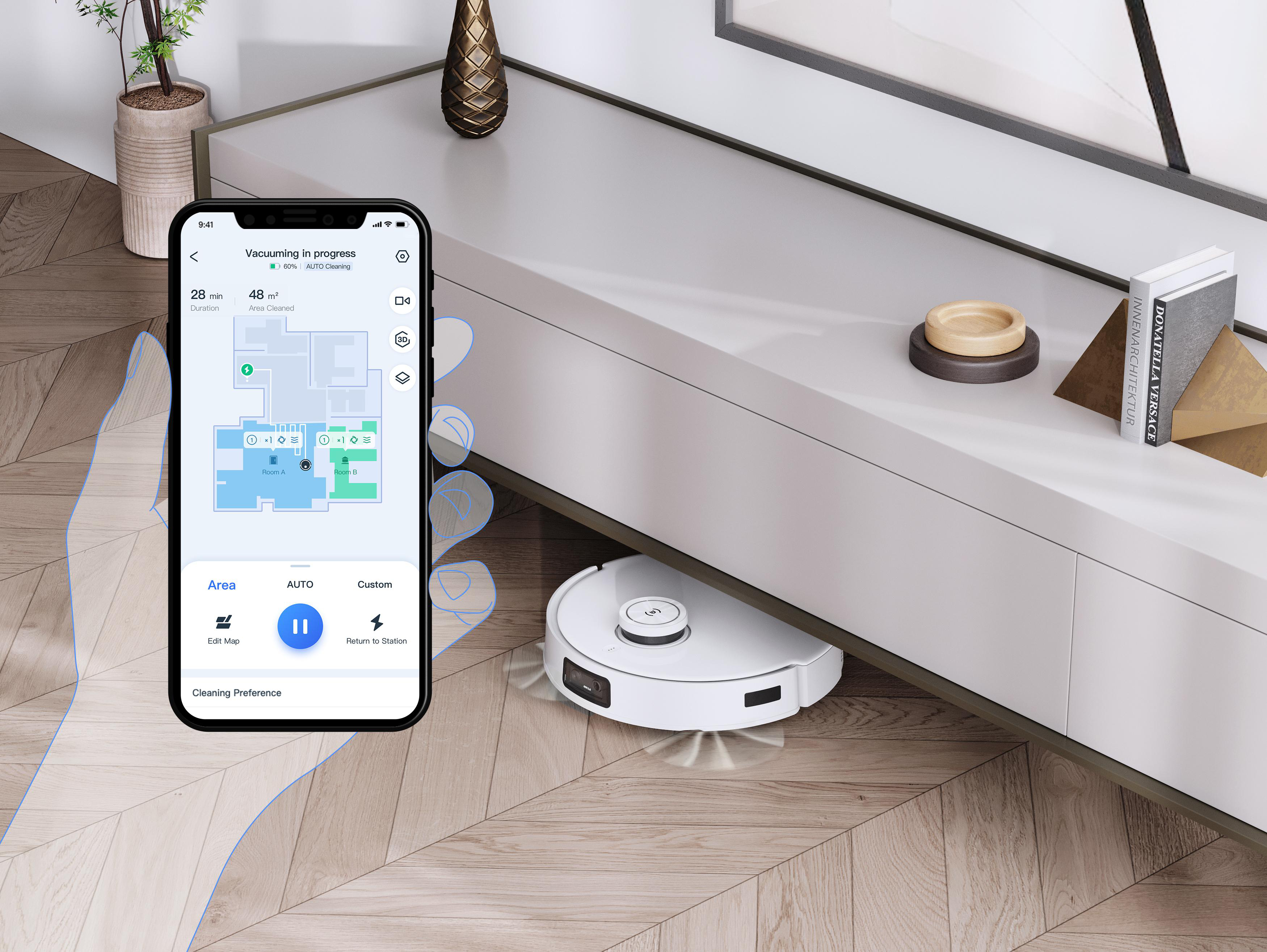 Roboterstaubsauger reinigt unter einem weißen Schrank, App zeigt die Kartierung.
