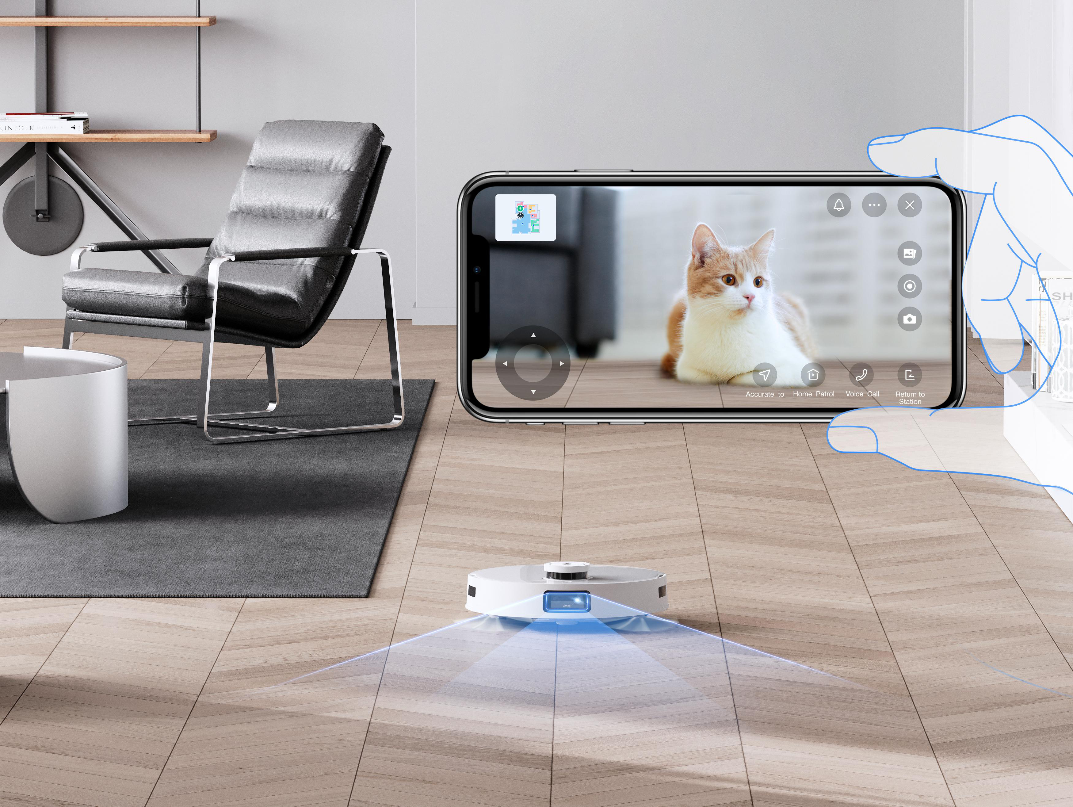 Ein Roboter-Staubsauger auf einem Holzboden. Ein Smartphone zeigt ein Katzenbild, ferngesteuert.
