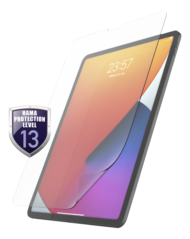 iPad avec protecteur d'écran appliqué. Protecteur blanc avec badge de niveau de protection Hama.