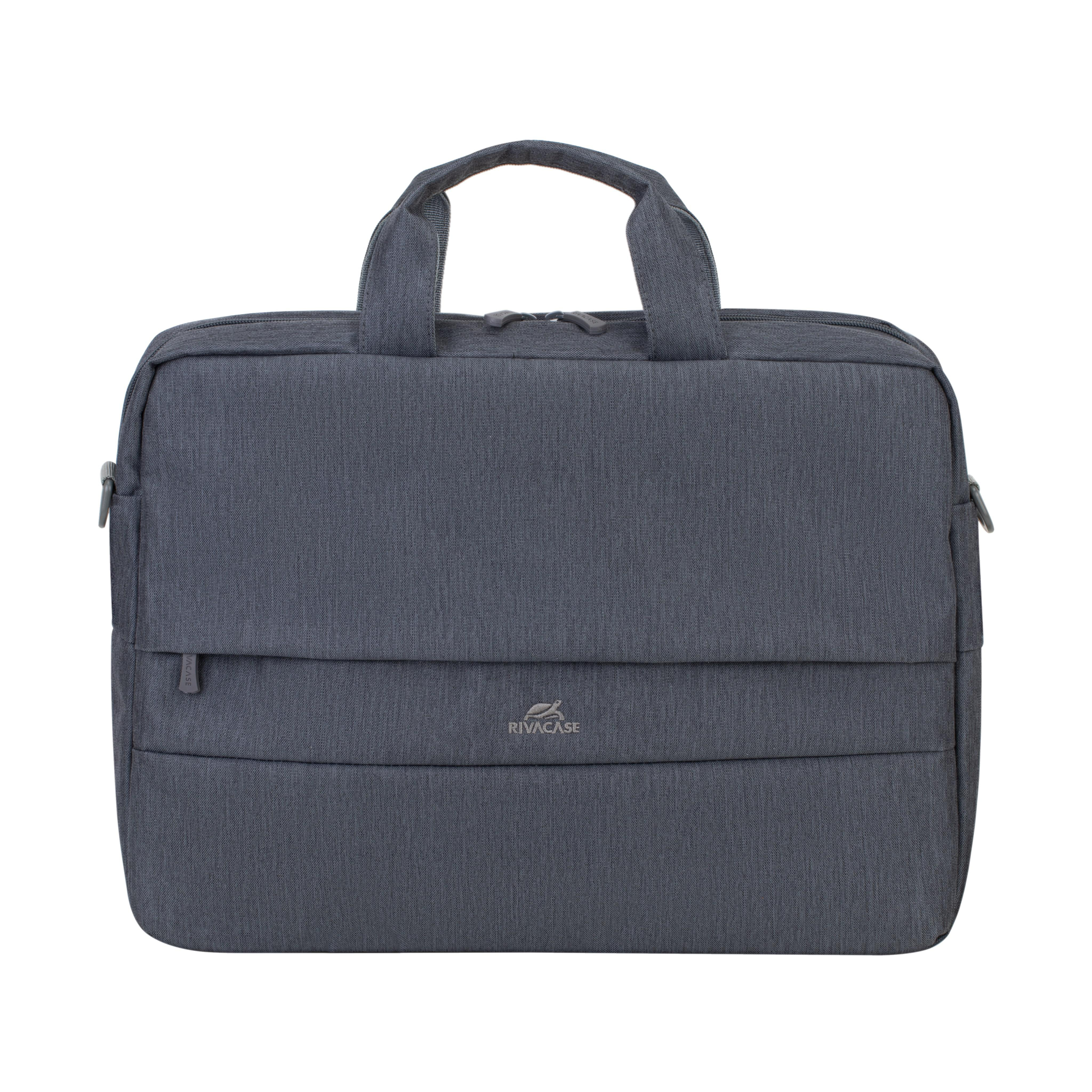 Graue Laptoptasche, rechteckige Form, Griff oben, Rivacase-Logo.