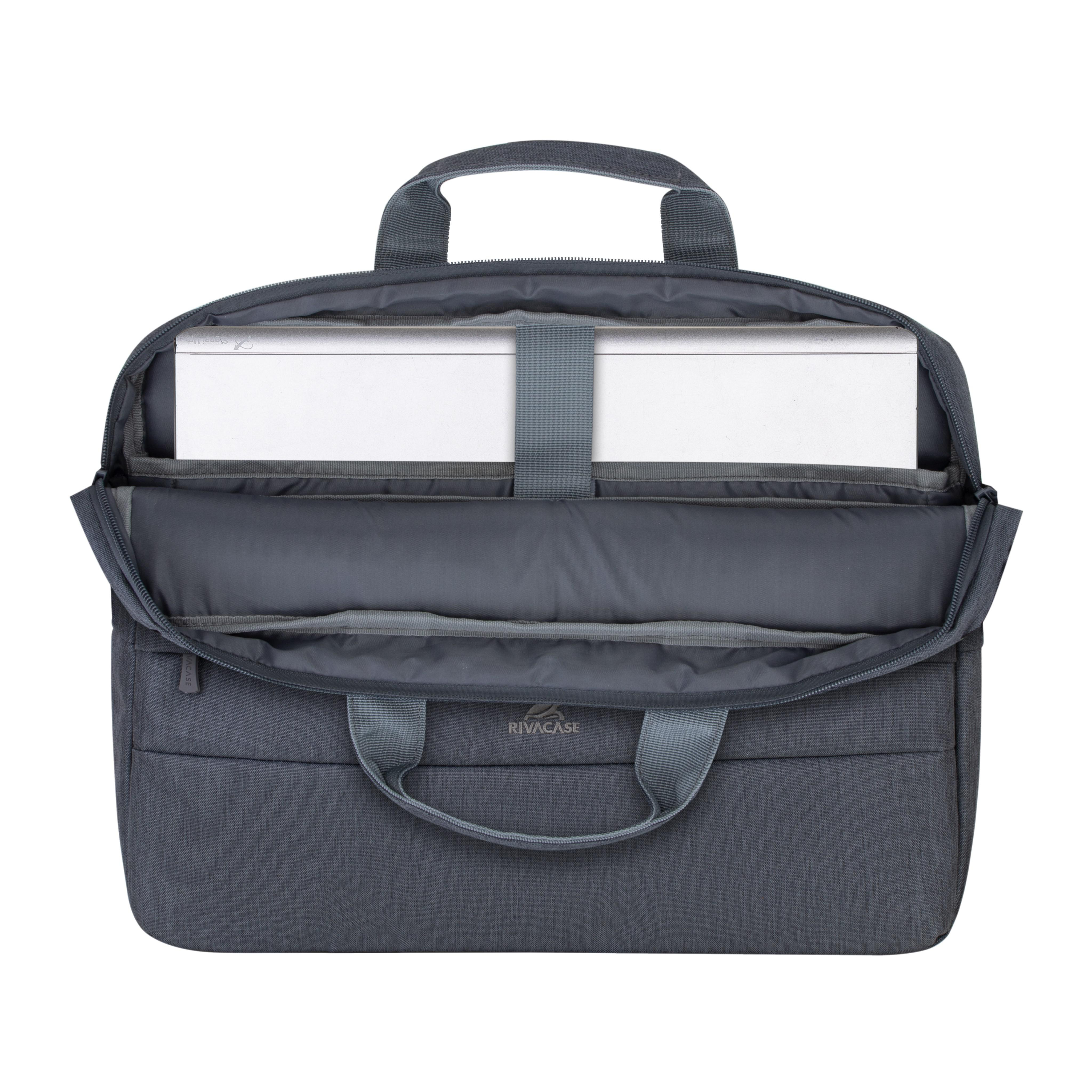 Graue Laptoptasche, offen. Zeigt Laptop innen, mit grauem Gurt. Weißer Hintergrund.